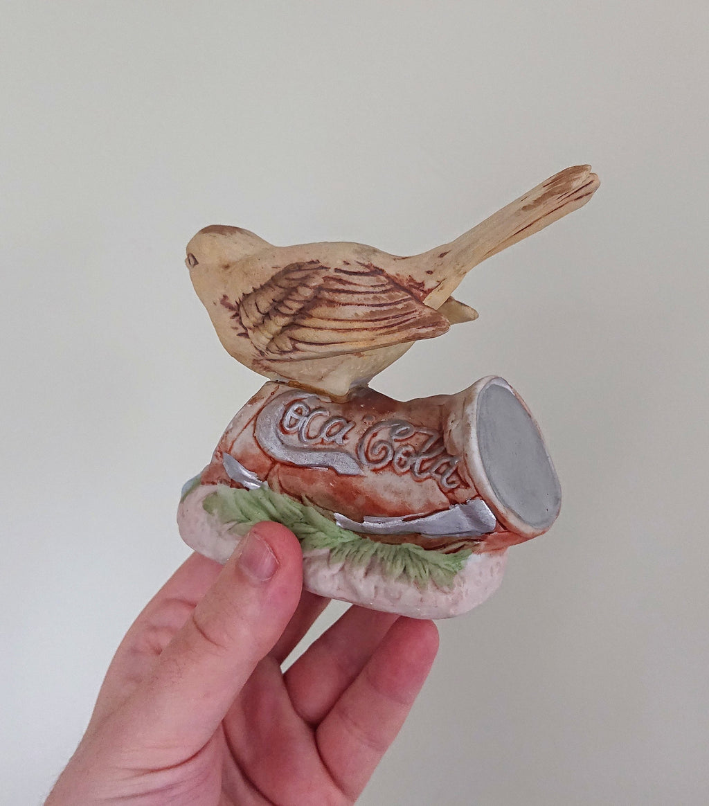 Vintage Bird Figurine on Coca Cola Can Cute Ceramic Porcelain Bird Figure Housewarming Gift Yellow Bird