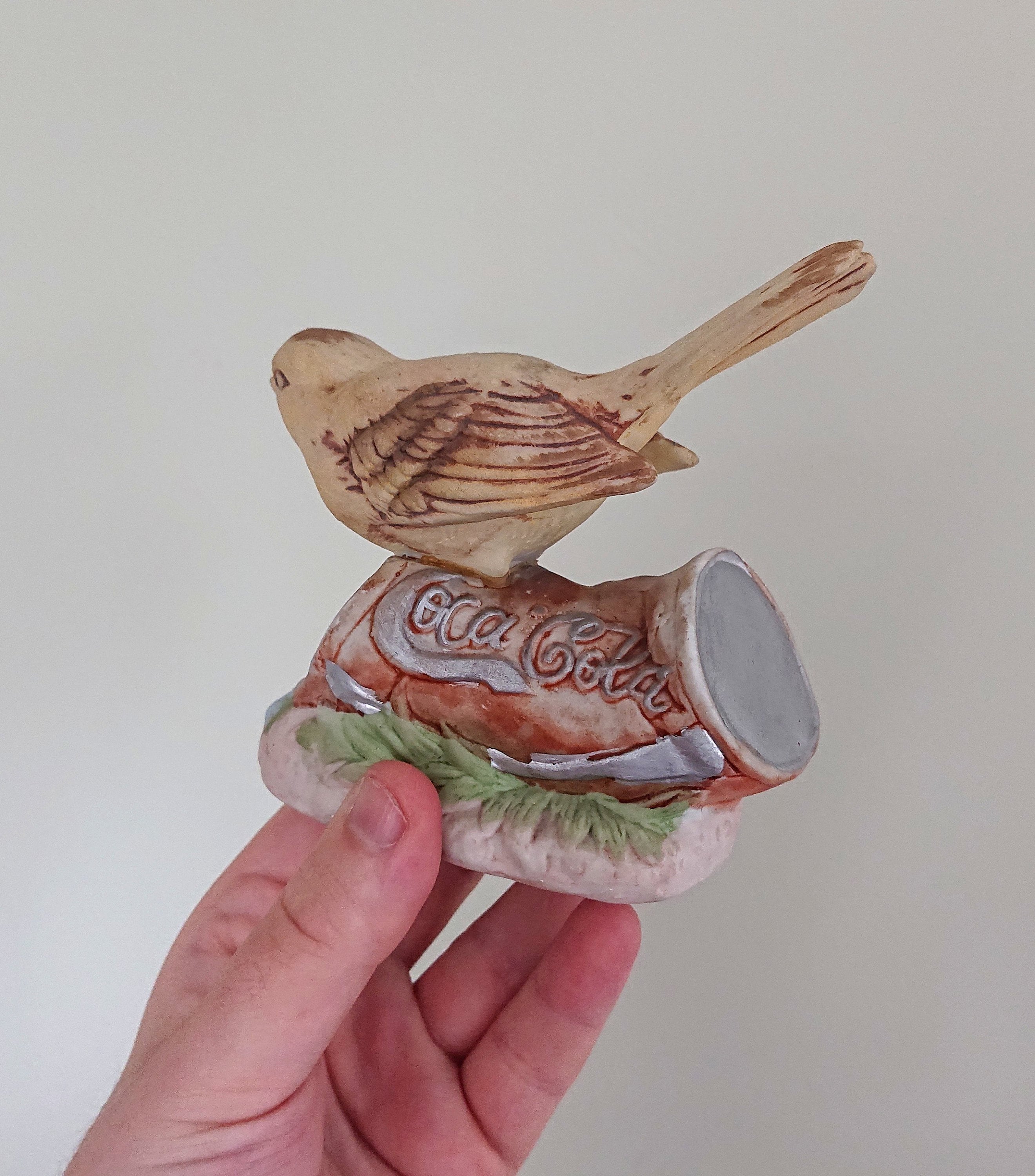 Vintage Bird Figurine on Coca Cola Can Cute Ceramic Porcelain Bird Figure Housewarming Gift Yellow Bird