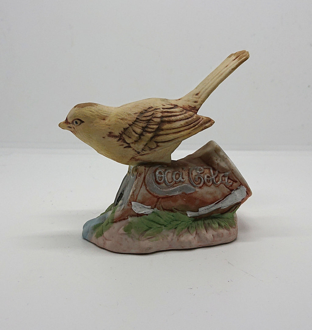 Vintage Bird Figurine on Coca Cola Can Cute Ceramic Porcelain Bird Figure Housewarming Gift Yellow Bird