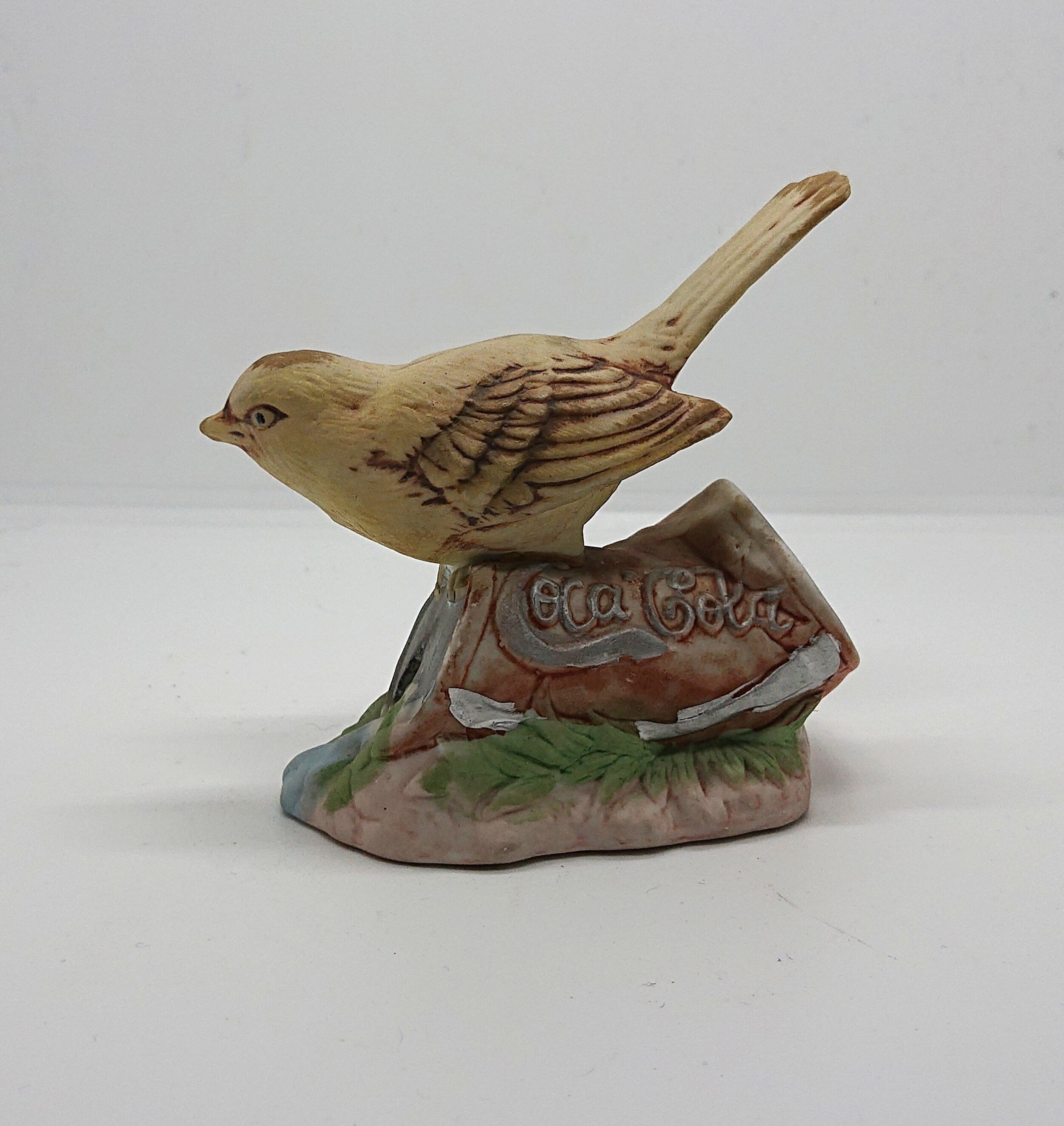 Vintage Bird Figurine on Coca Cola Can Cute Ceramic Porcelain Bird Figure Housewarming Gift Yellow Bird