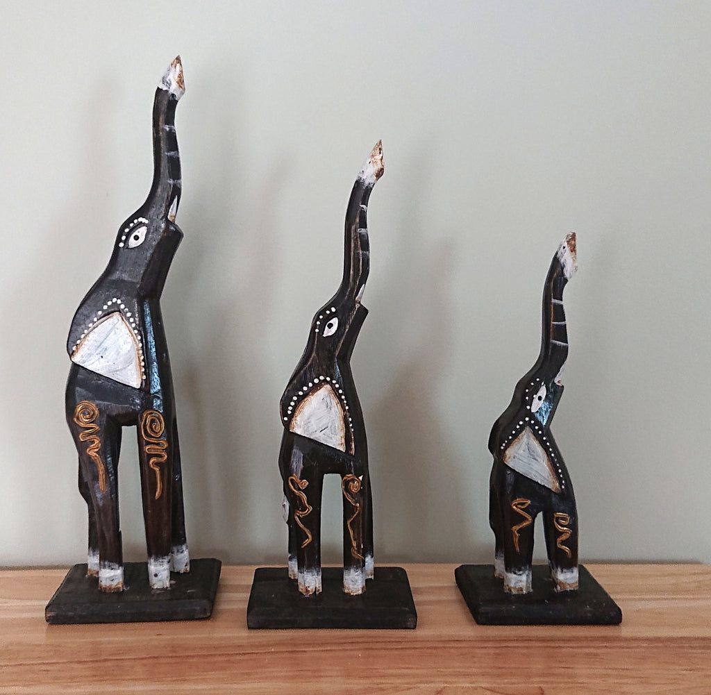 Vintage Wooden Elephant Set of 3 Boho African Inspired Elephant Figurine Ornament