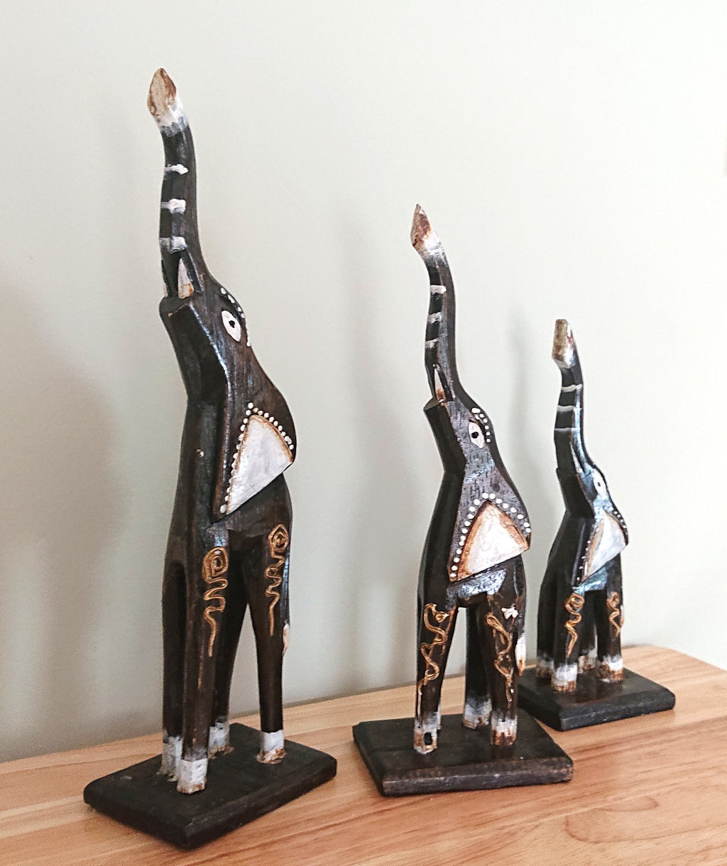 Vintage Wooden Elephant Set of 3 Boho African Inspired Elephant Figurine Ornament