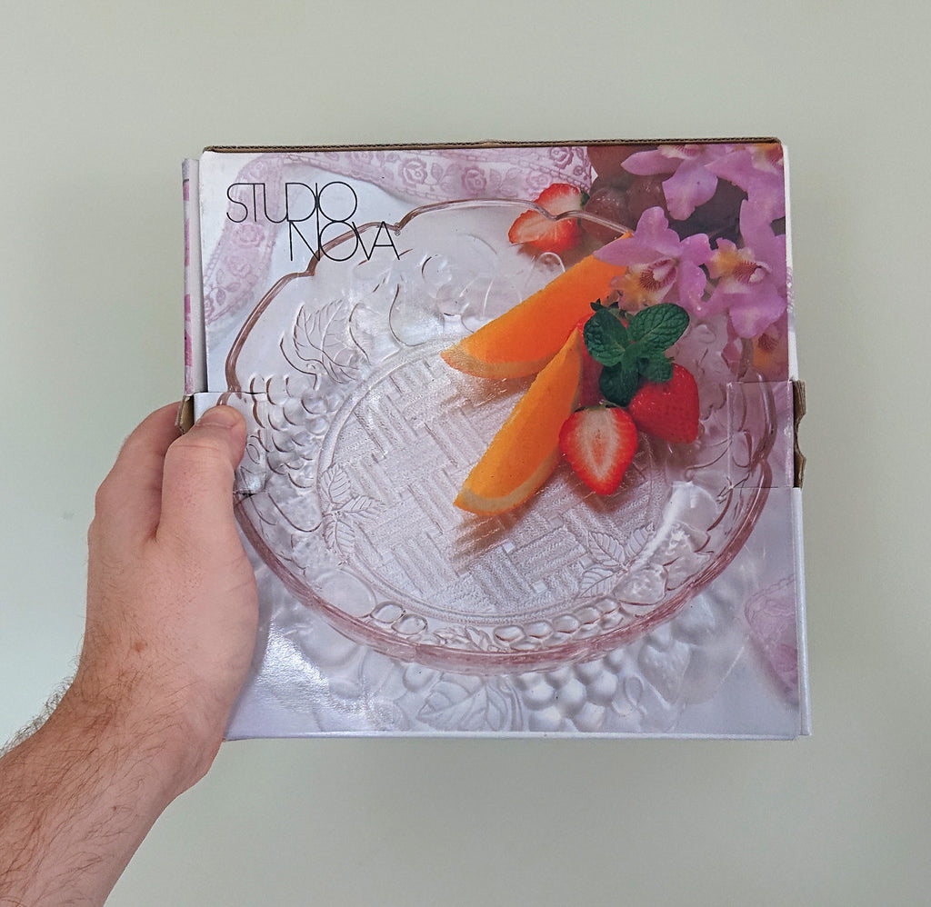 Vintage Dish Studio Nova Boxed Pink Fruit Bowl, Key Dish Glass Bowl Serving Bowl Floral Serving Dish