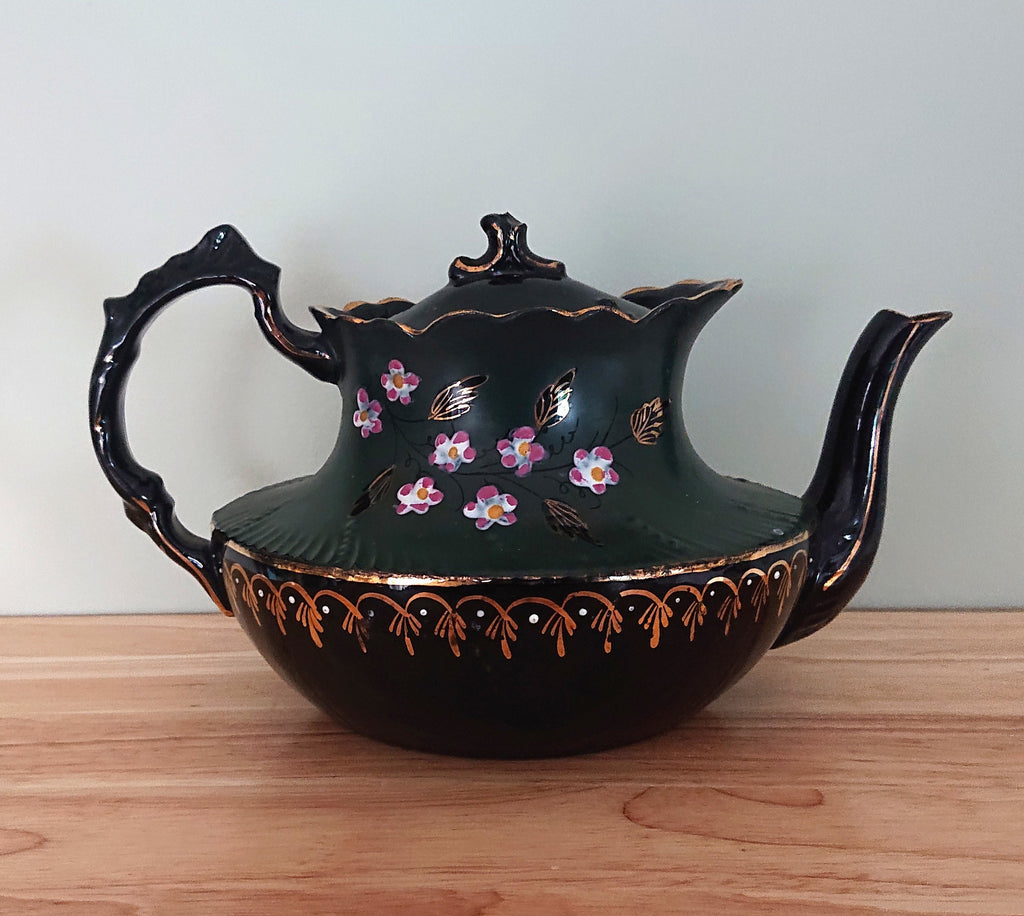 Teapot Antique English Victorian Jackfield Teapot Hand Painted Pansy Decorative Teapot Collectable Ceramic Ornamental