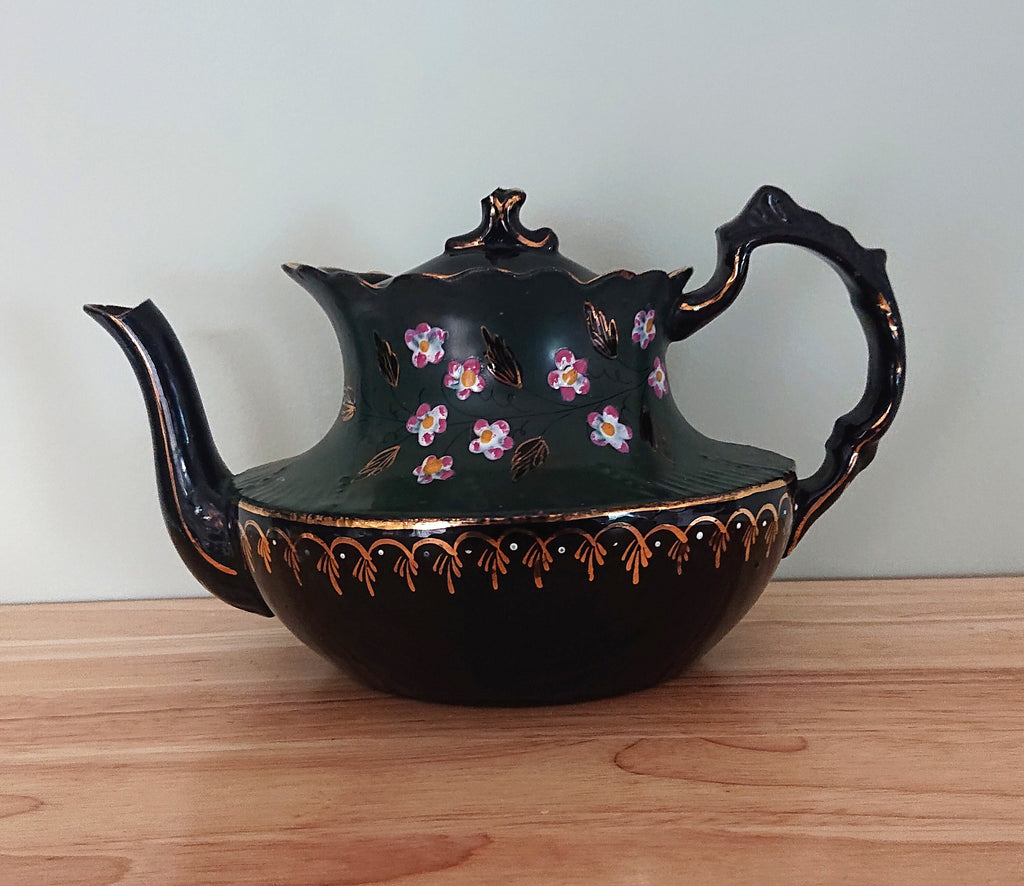 Teapot Antique English Victorian Jackfield Teapot Hand Painted Pansy Decorative Teapot Collectable Ceramic Ornamental