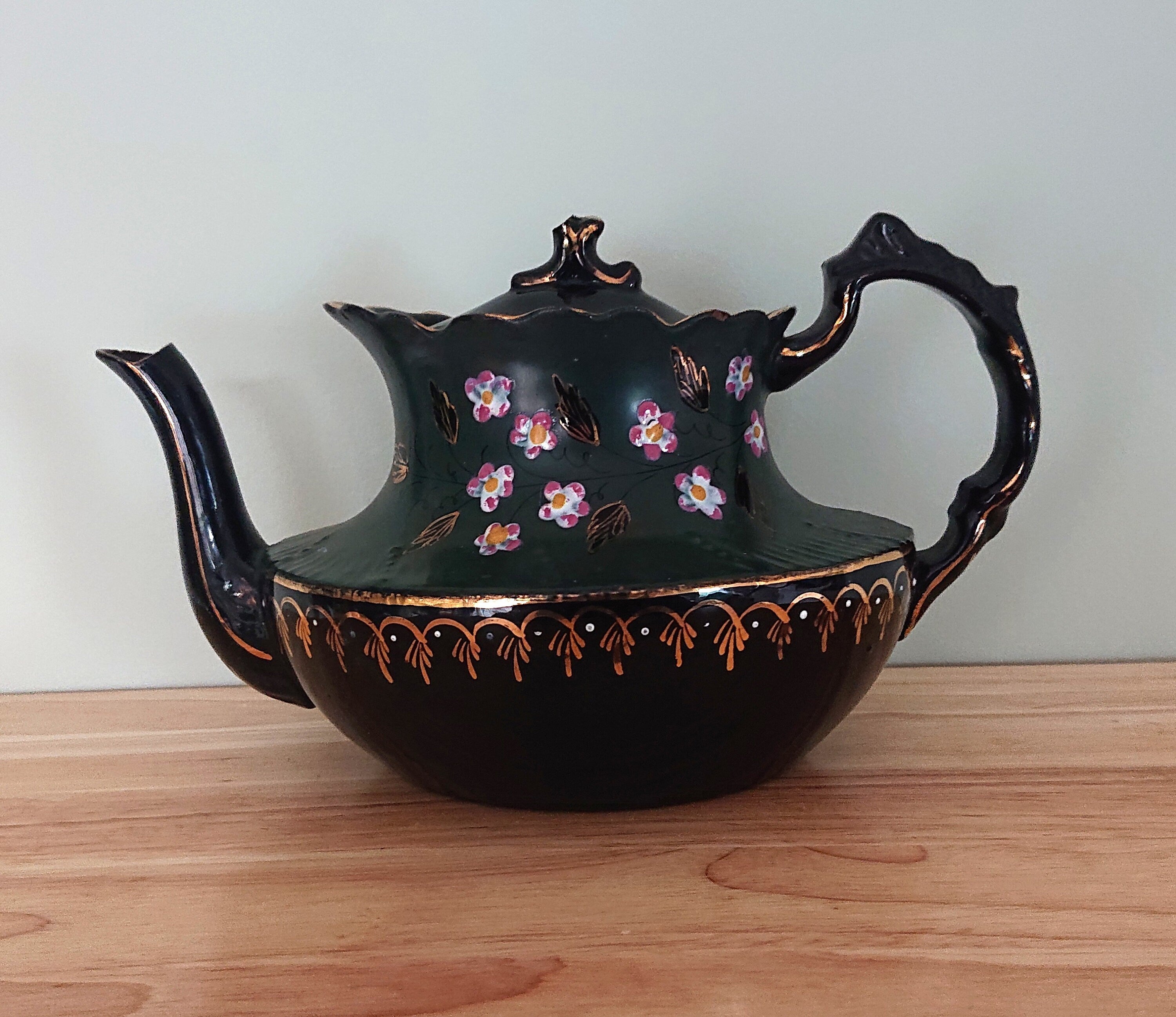 Teapot Antique English Victorian Jackfield Teapot Hand Painted Pansy Decorative Teapot Collectable Ceramic Ornamental