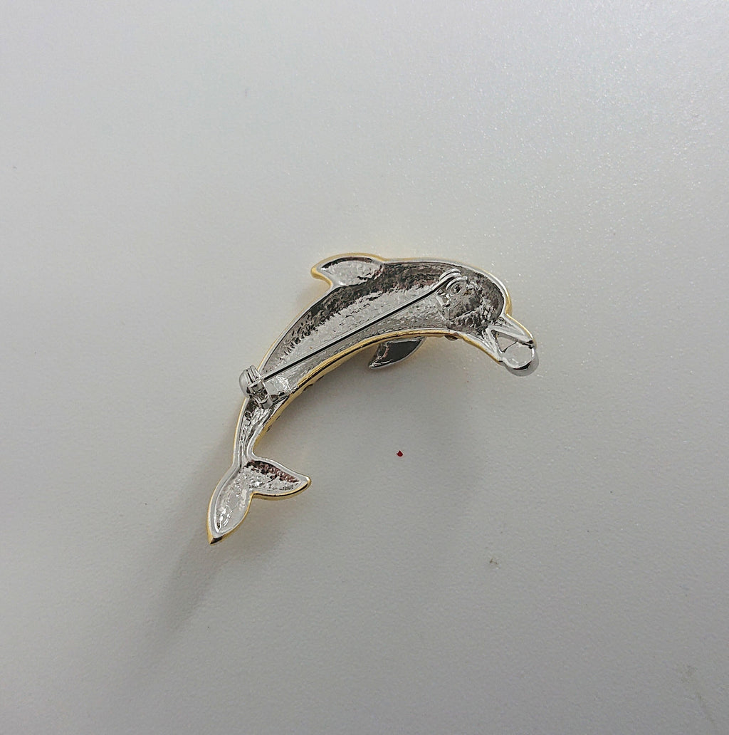 Vintage Brooch Dolphin Gold Tone Metal Diamonte Rhinestone Costume Jewellery Jewelry