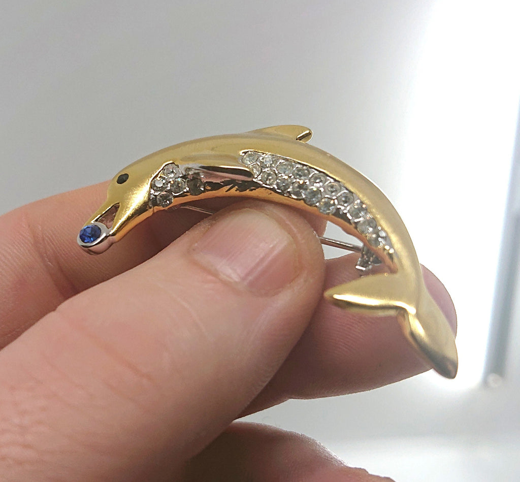 Vintage Brooch Dolphin Gold Tone Metal Diamonte Rhinestone Costume Jewellery Jewelry