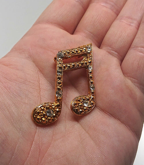 Gold Diamanté Brooch Musical Note Pin Costume Jewellery Vintage Jewelry  Crystal Diamond Pin  Novelty Pin Gold Tone Metal