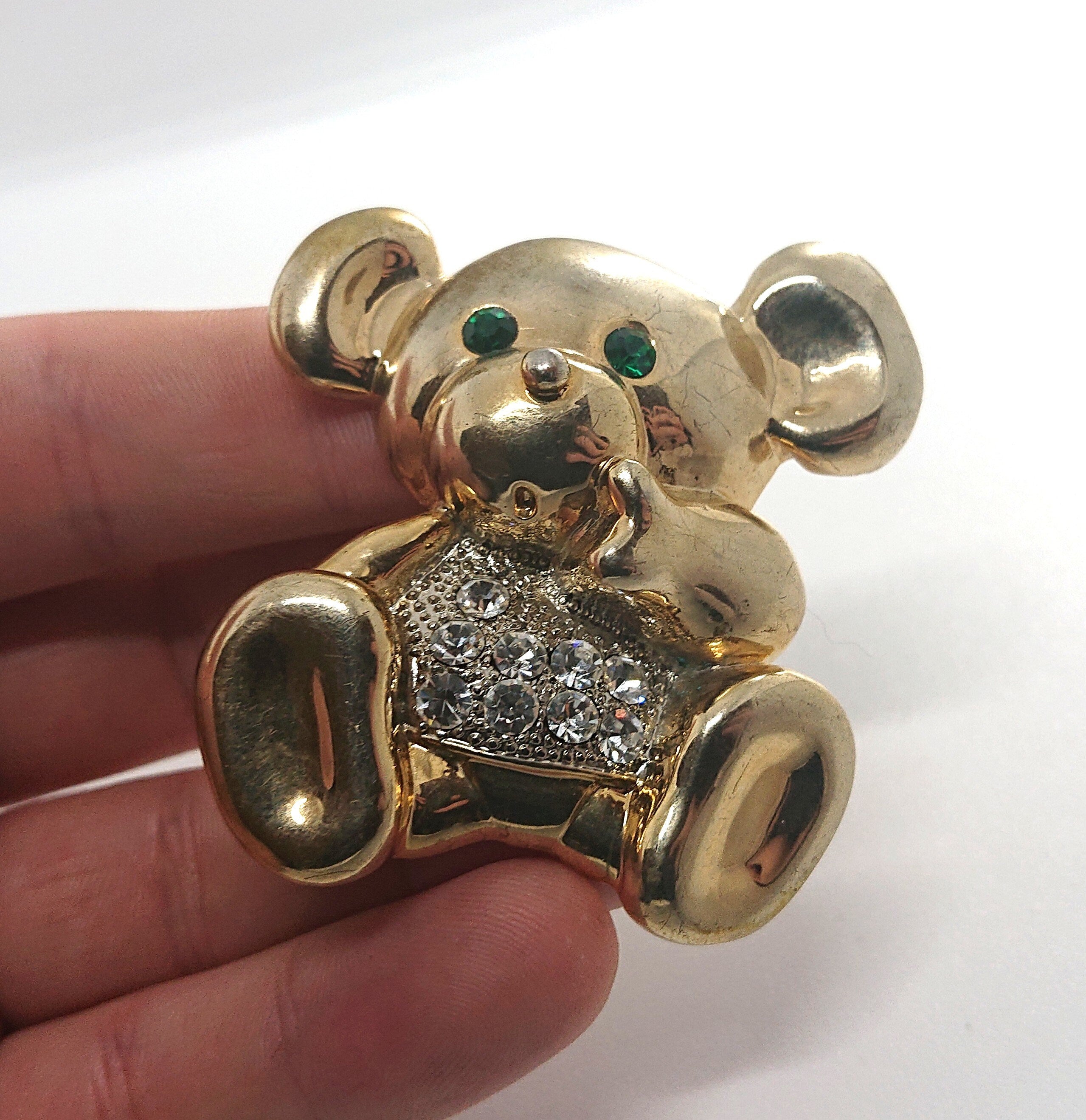 Vintage Bear Brooch Gold Diamond Rhinestone Emerald Chunky Large Bear Novelty Costume Jewellery Jewelry