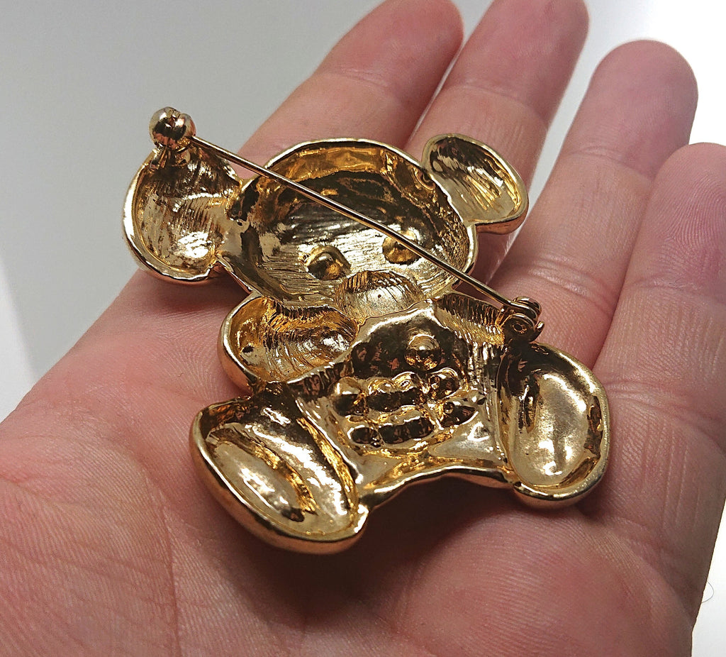 Vintage Bear Brooch Gold Diamond Rhinestone Emerald Chunky Large Bear Novelty Costume Jewellery Jewelry