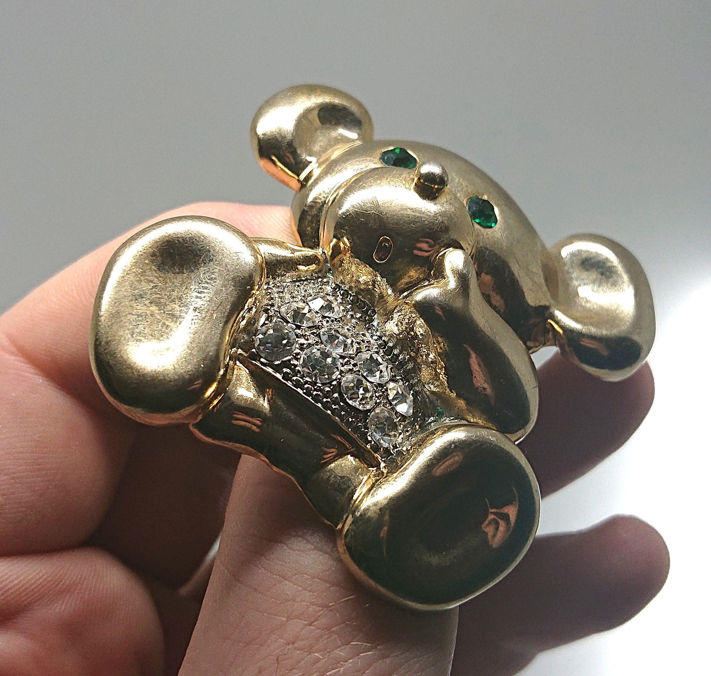 Vintage Bear Brooch Gold Diamond Rhinestone Emerald Chunky Large Bear Novelty Costume Jewellery Jewelry
