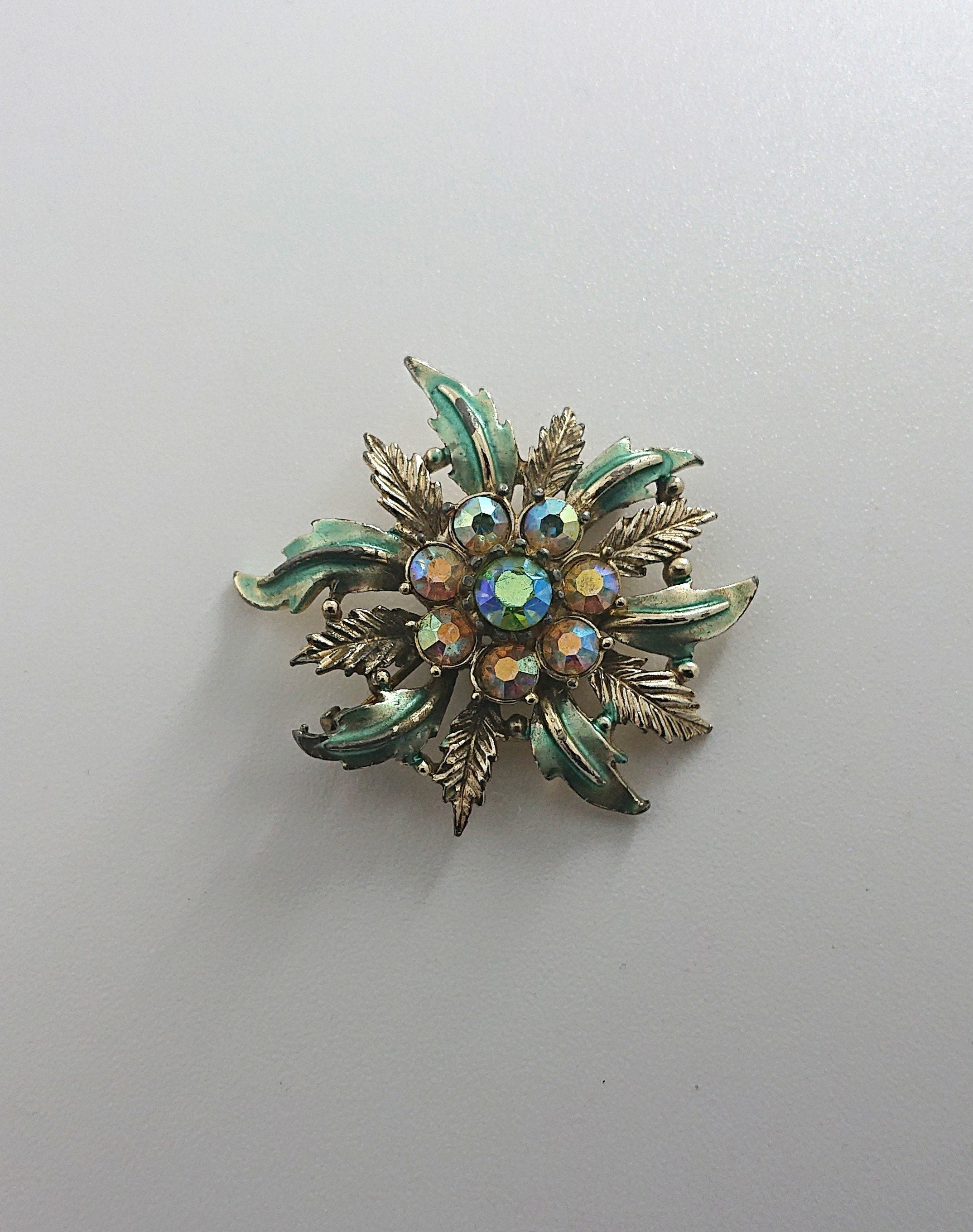 Silver Floral Brooch Vintage Blue Enamel Aurora Borealis Costume Jewellery Jewelry Pin 50's Pin Diamante Rhinestone
