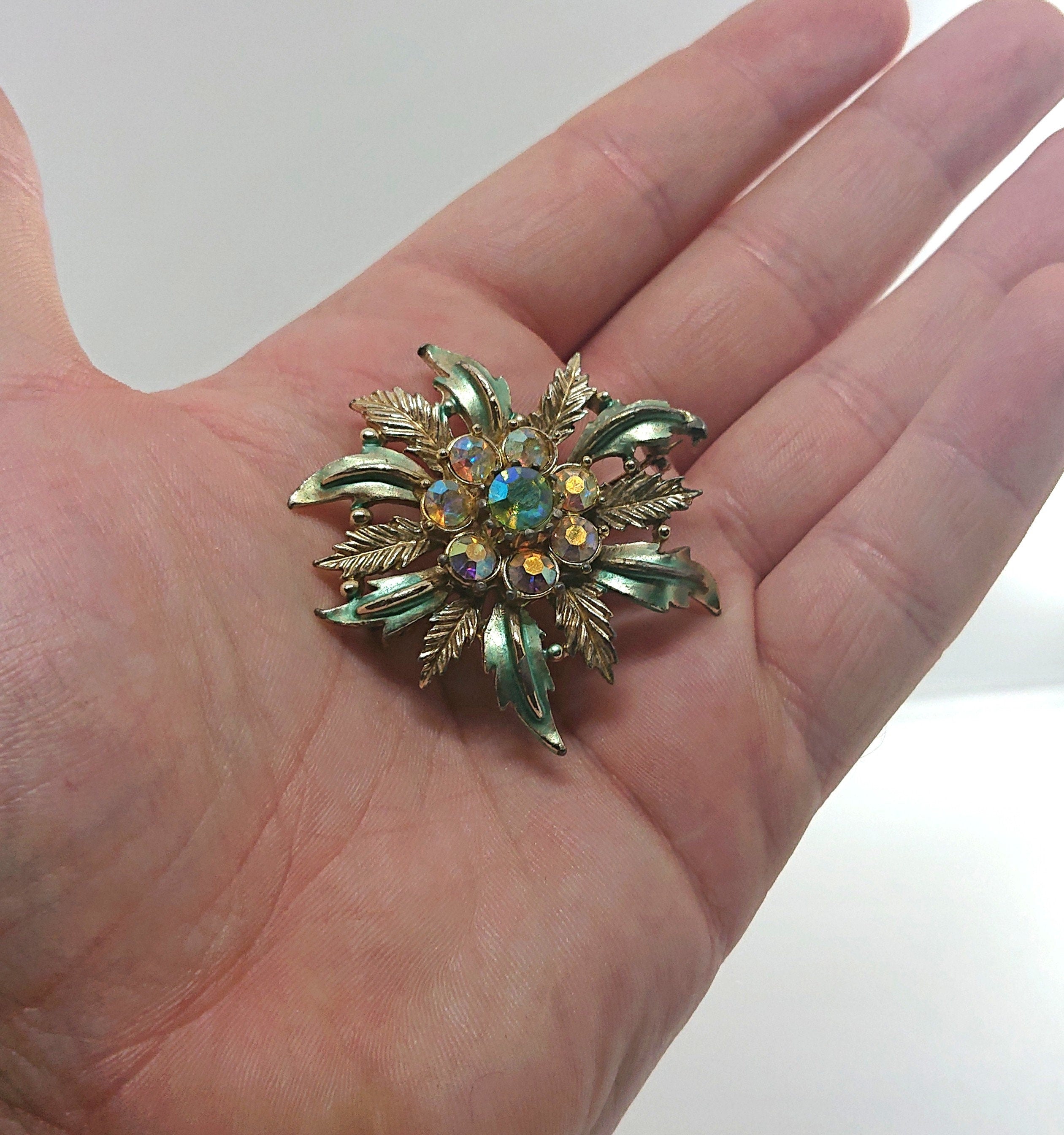 Silver Floral Brooch Vintage Blue Enamel Aurora Borealis Costume Jewellery Jewelry Pin 50's Pin Diamante Rhinestone