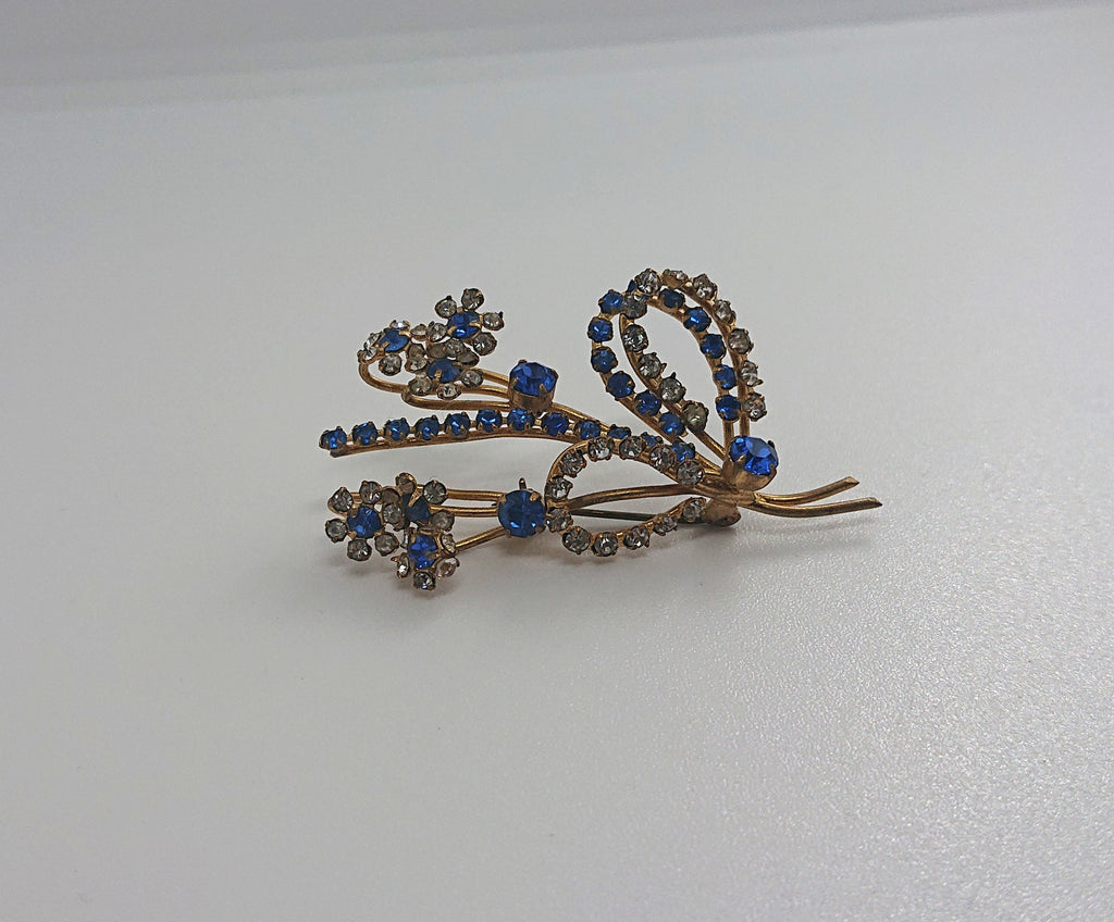 Floral Brooch Vintage Costume Blue and White Rhinestone Floral Spray Brooch Costume Jewellery Jewelry