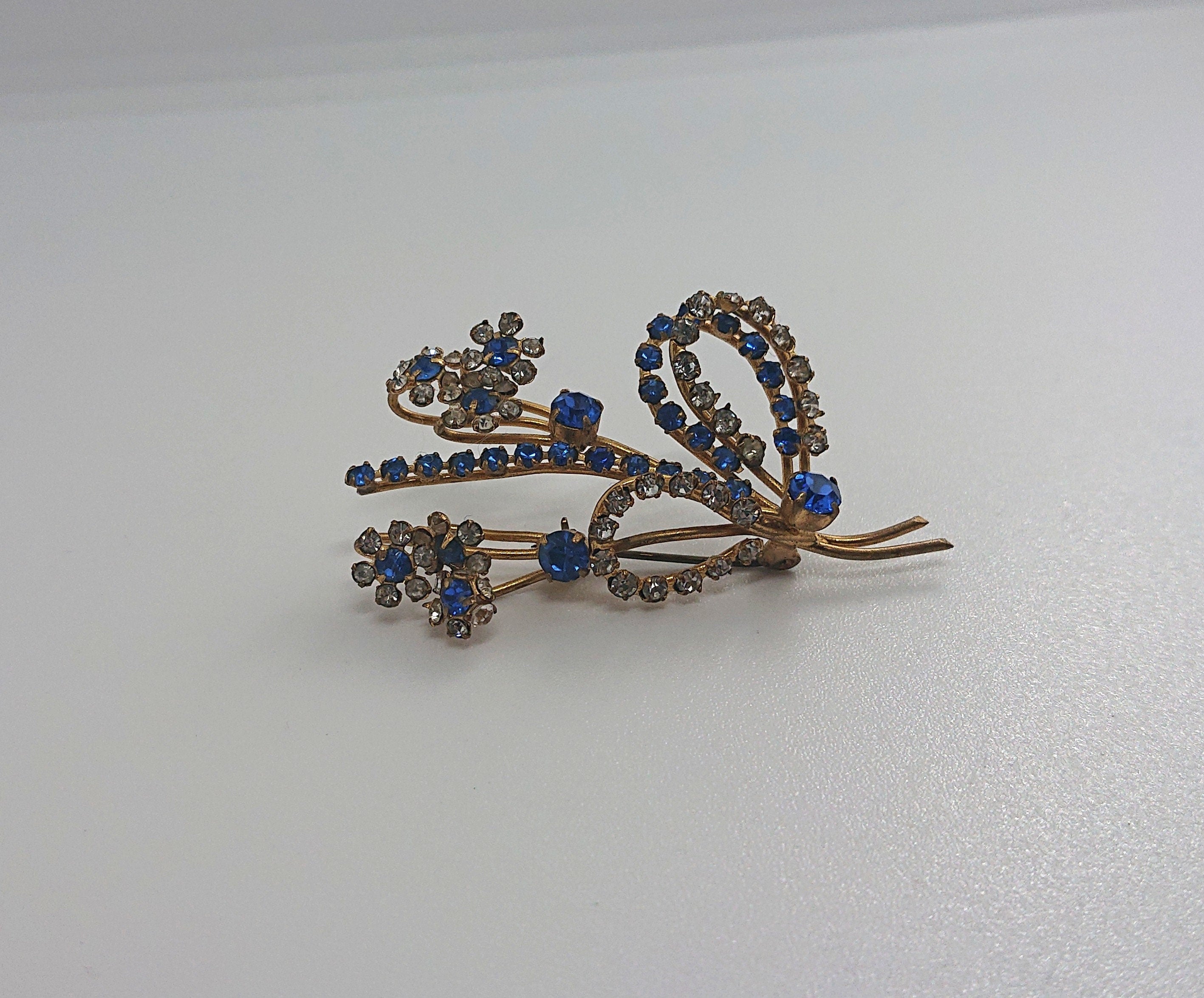 Floral Brooch Vintage Costume Blue and White Rhinestone Floral Spray Brooch Costume Jewellery Jewelry