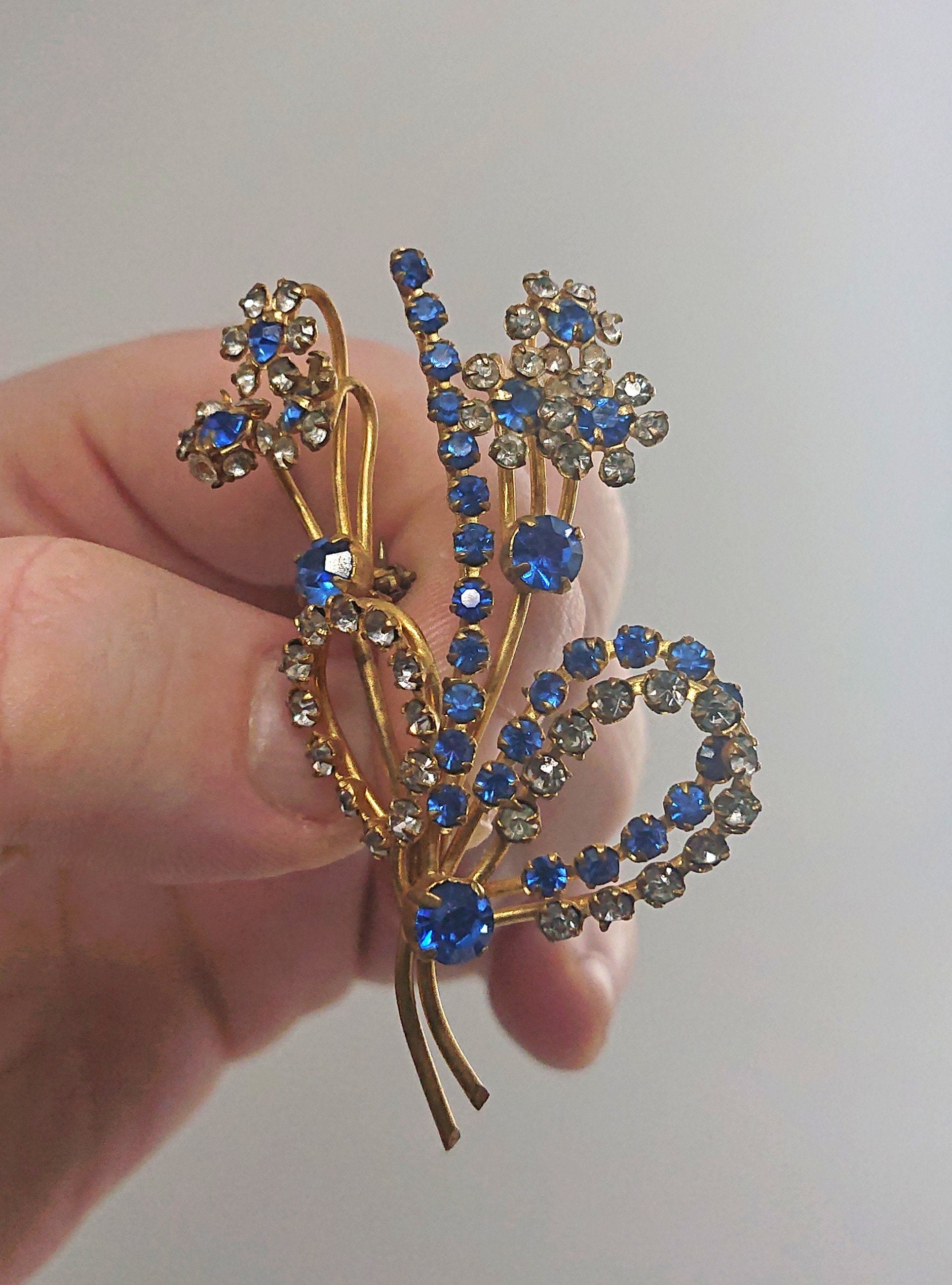 Floral Brooch Vintage Costume Blue and White Rhinestone Floral Spray Brooch Costume Jewellery Jewelry