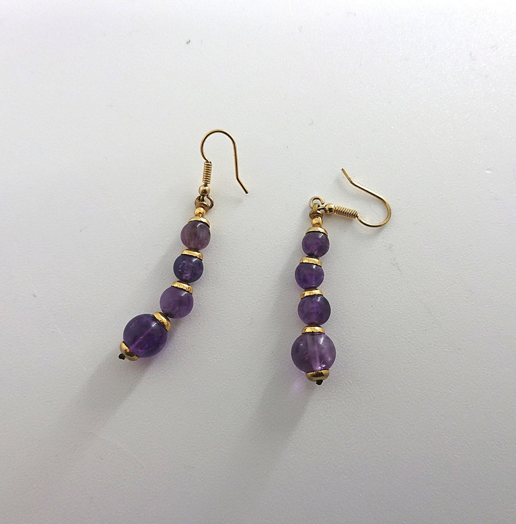 Purple Glass Bead Earrings Dangle Drop Amethyst Coloured Vintage Gold Tone Metal Ear Wire Costume Jewellery Jewelry
