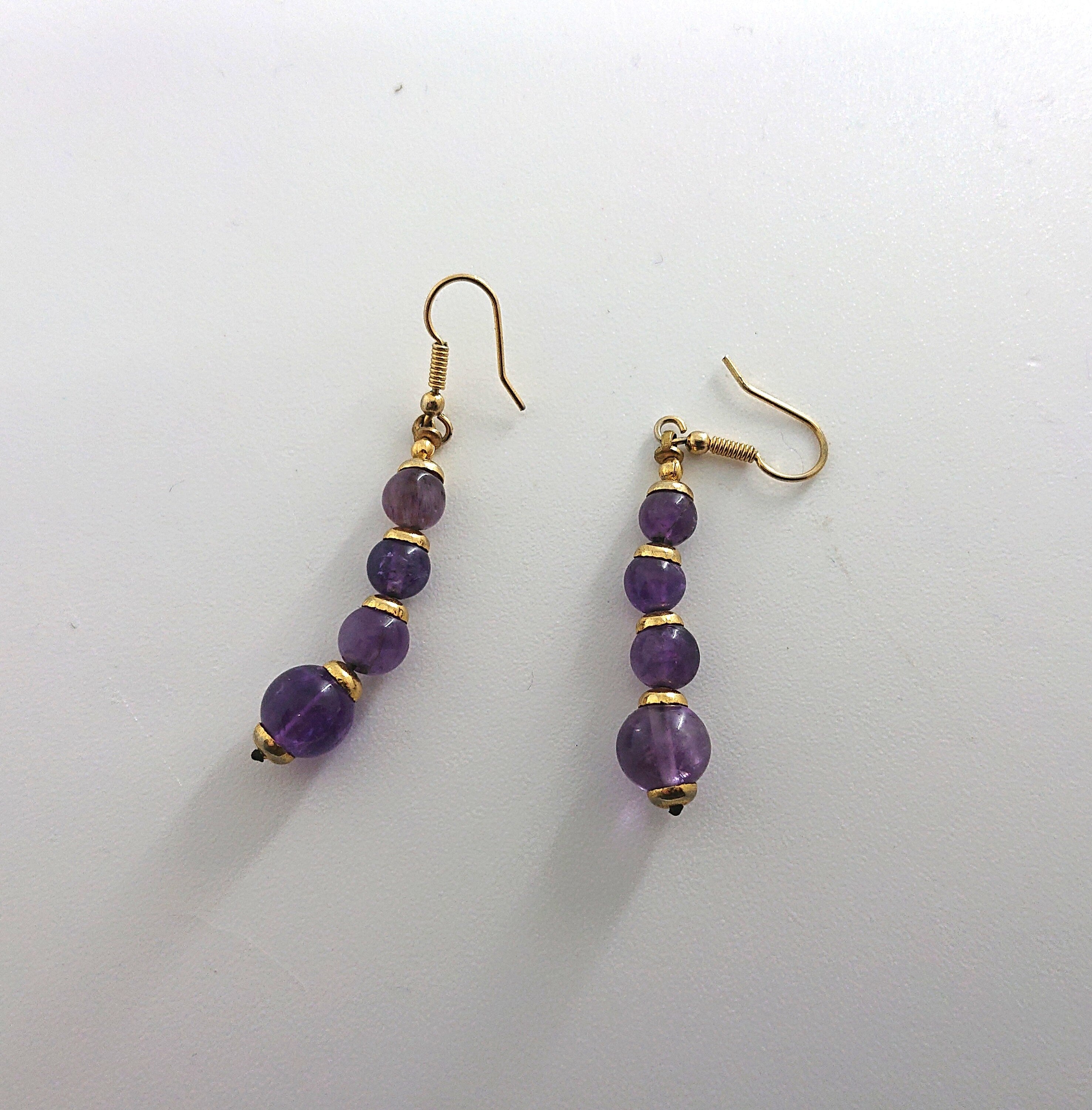 Purple Glass Bead Earrings Dangle Drop Amethyst Coloured Vintage Gold Tone Metal Ear Wire Costume Jewellery Jewelry