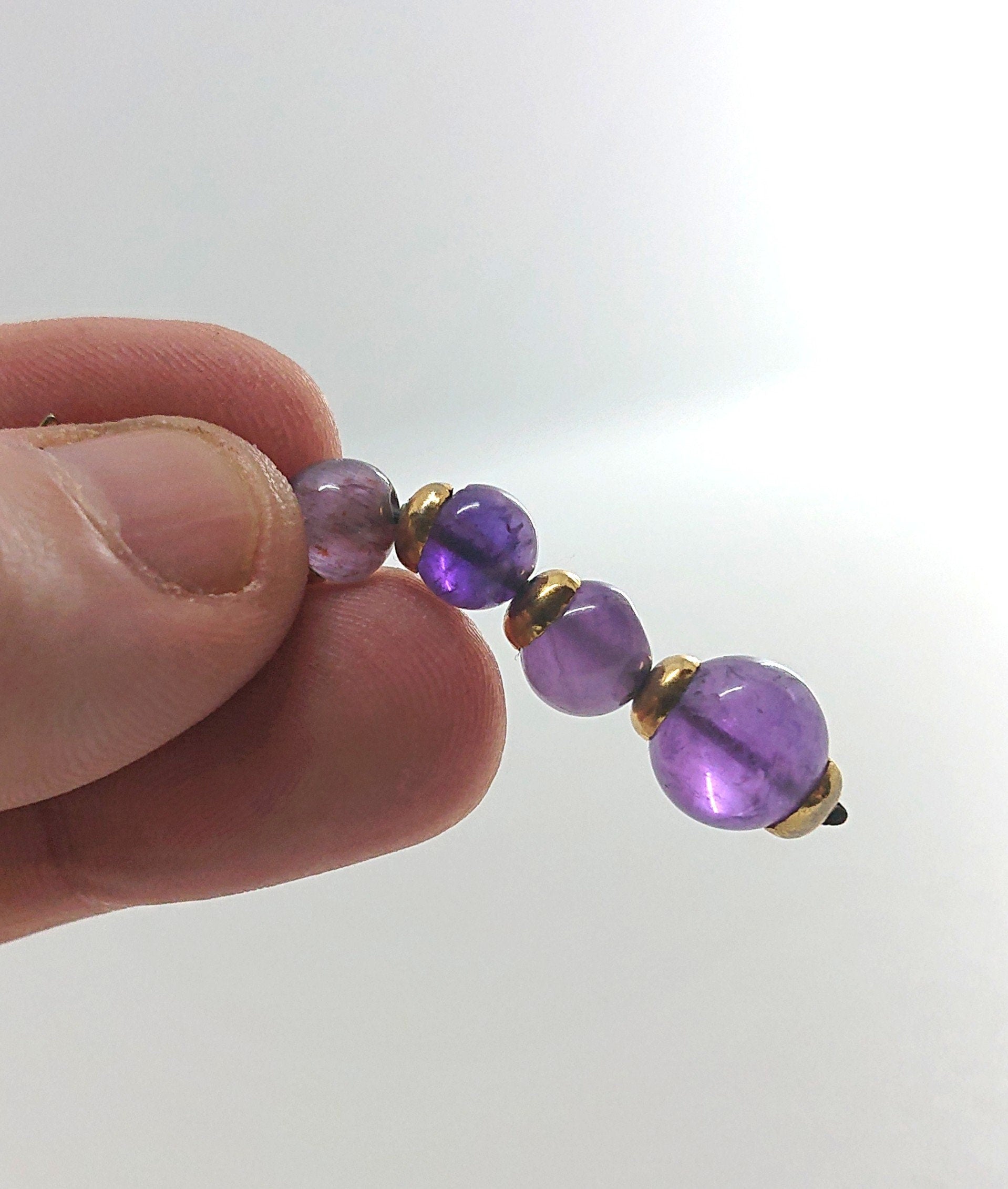 Purple Glass Bead Earrings Dangle Drop Amethyst Coloured Vintage Gold Tone Metal Ear Wire Costume Jewellery Jewelry