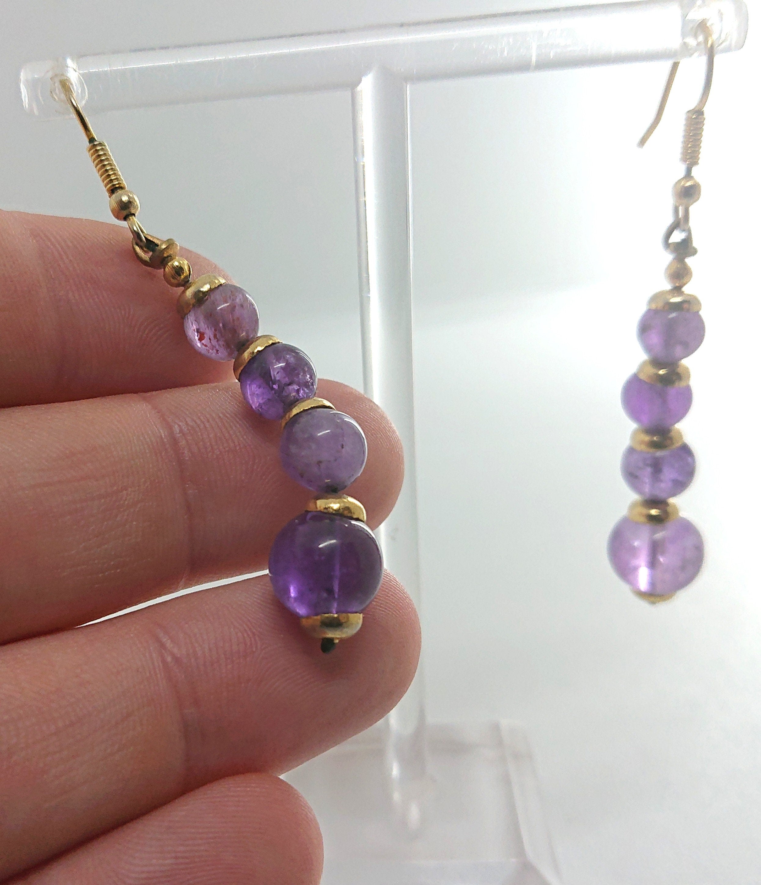 Purple Glass Bead Earrings Dangle Drop Amethyst Coloured Vintage Gold Tone Metal Ear Wire Costume Jewellery Jewelry