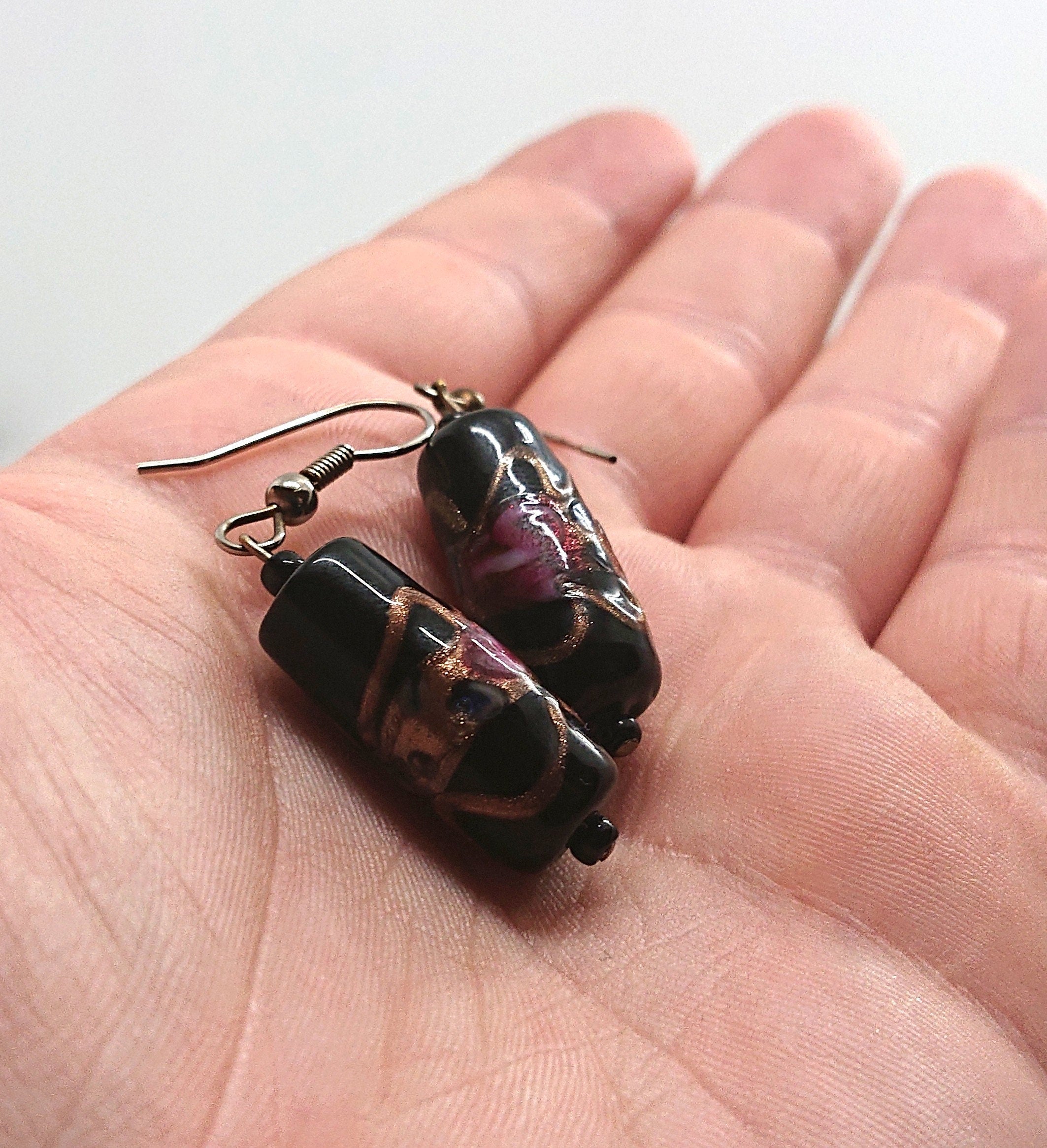 Vintage Glass Black, Pink and Gold Earrings Dangle Drop Hook Earrings Costume Jewellery Jewelry Gold, Black Hand Made Earrings