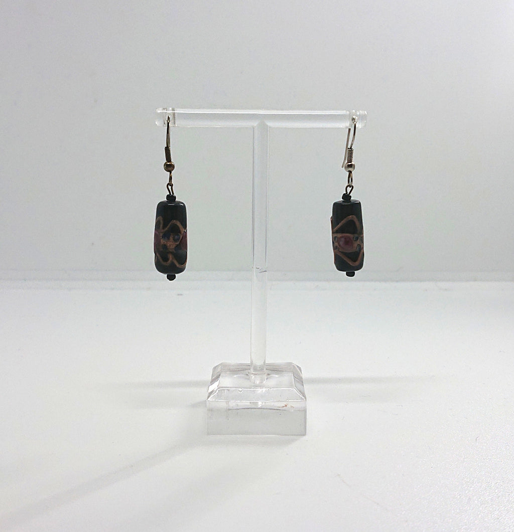 Vintage Glass Black, Pink and Gold Earrings Dangle Drop Hook Earrings Costume Jewellery Jewelry Gold, Black Hand Made Earrings