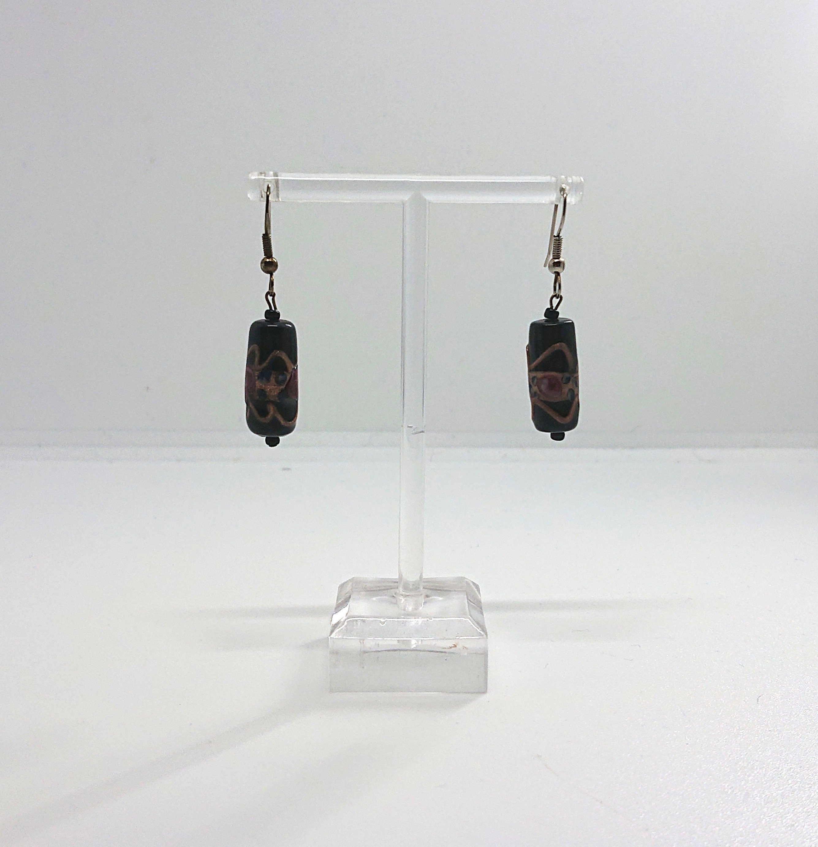Vintage Glass Black, Pink and Gold Earrings Dangle Drop Hook Earrings Costume Jewellery Jewelry Gold, Black Hand Made Earrings