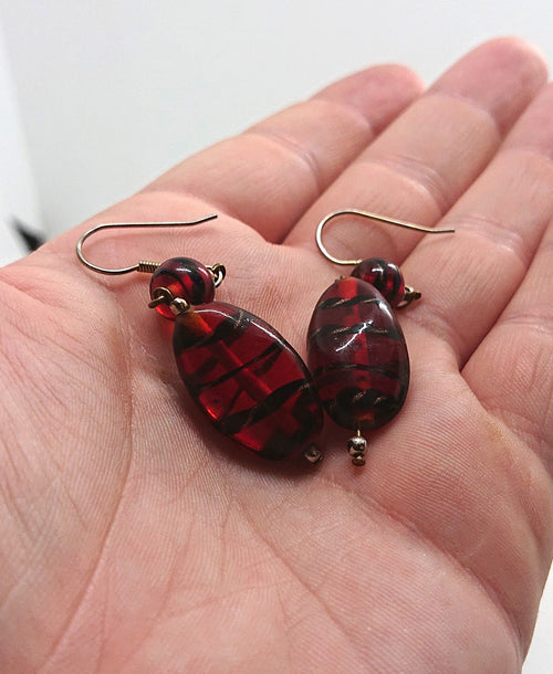 Glass Earrings Vintage Red and Black Striped Dangle Drop Costume Jewellery Jewelry