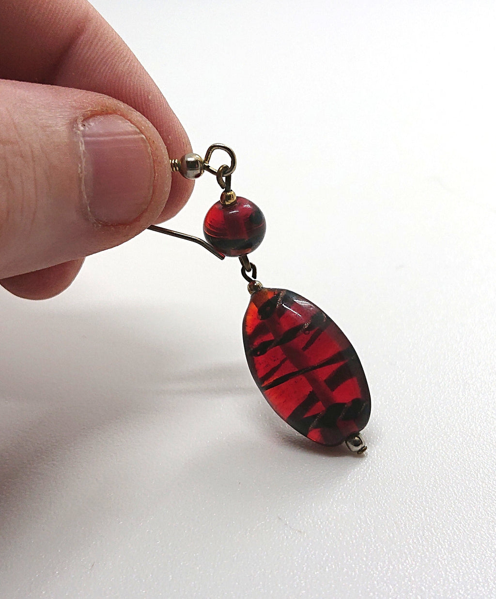 Glass Earrings Vintage Red and Black Striped Dangle Drop Costume Jewellery Jewelry