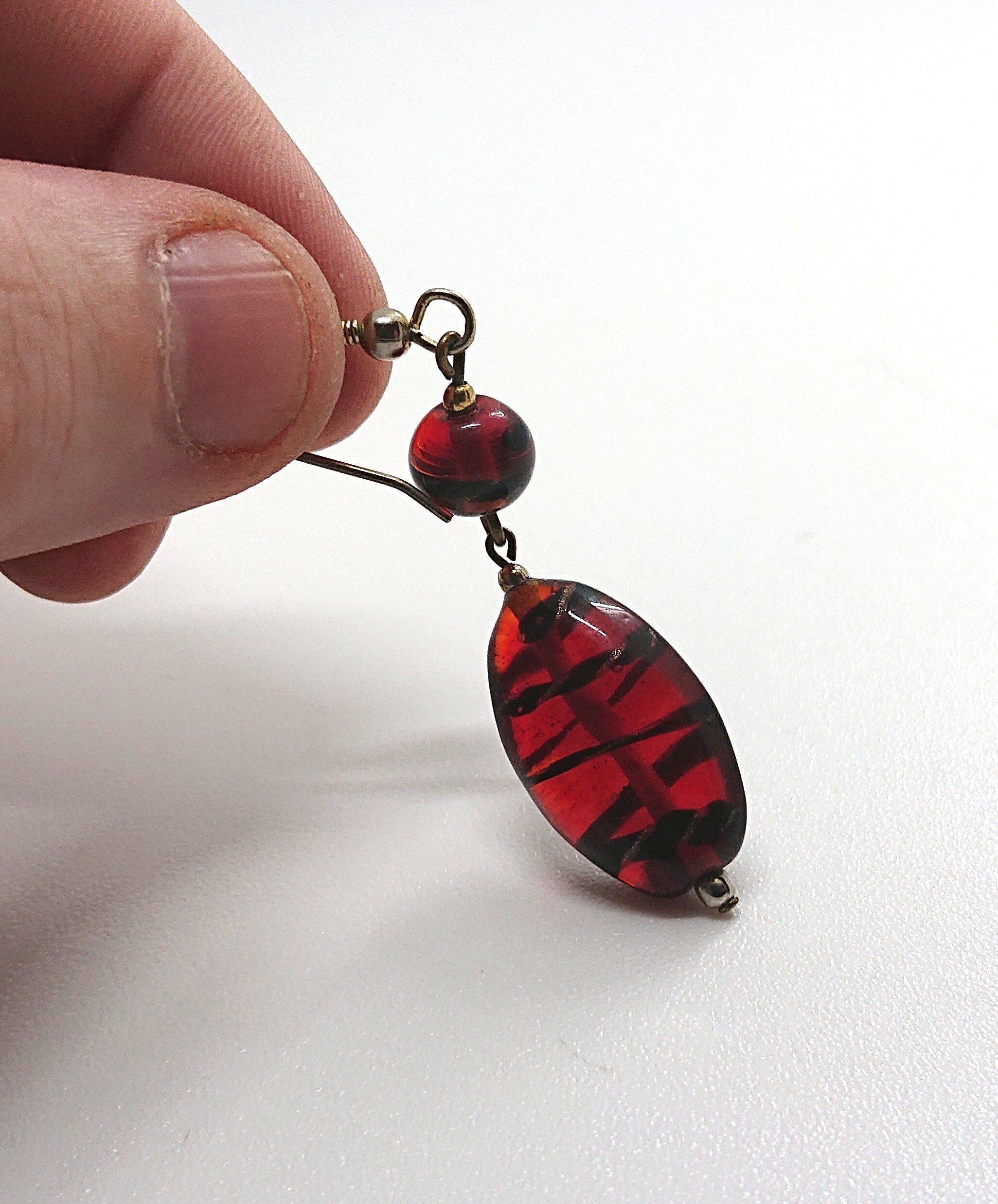Glass Earrings Vintage Red and Black Striped Dangle Drop Costume Jewellery Jewelry