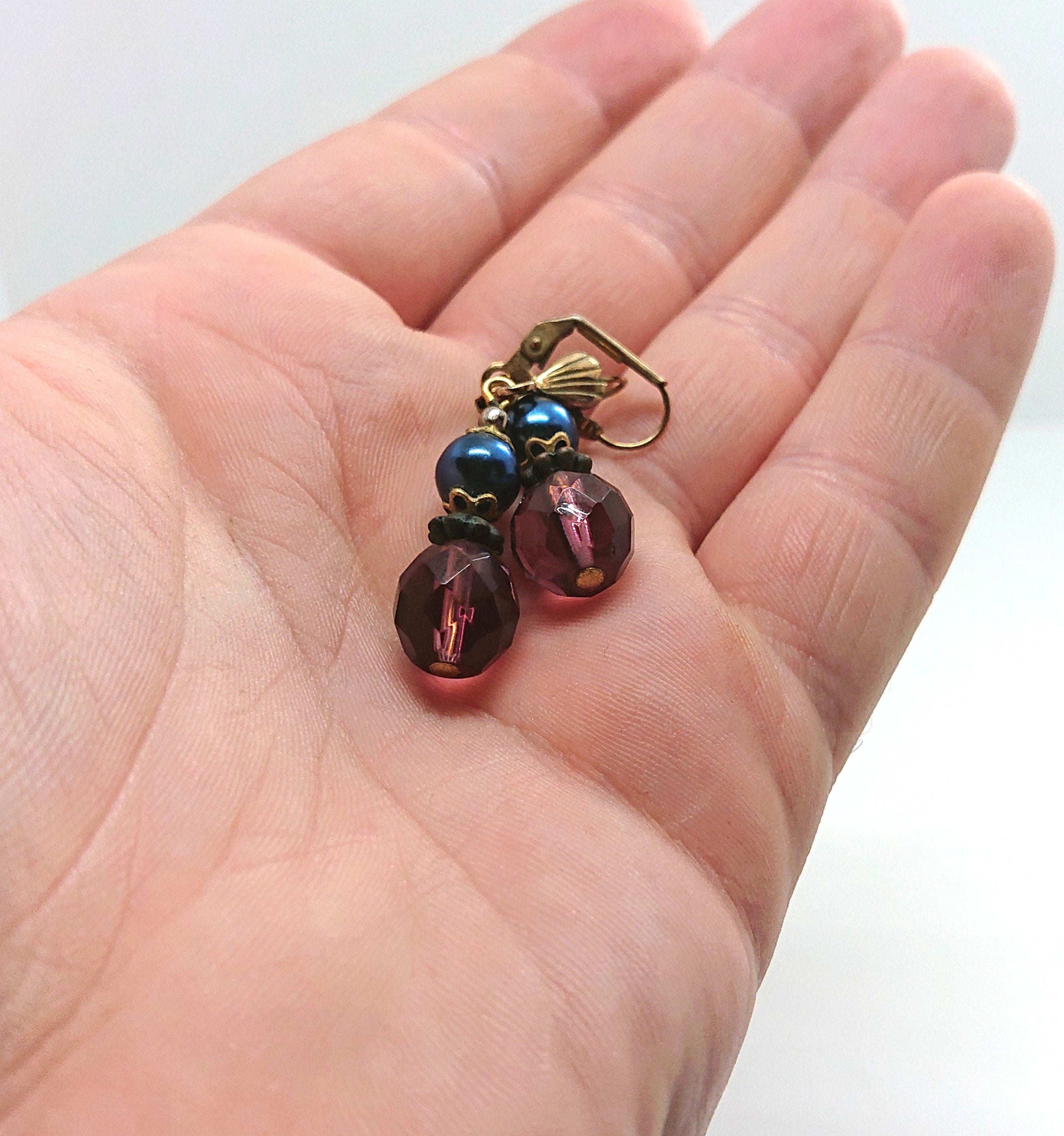 Vintage Beaded Earrings Purple and Blue Beads Latch Back on Earrings Retro Costume Jewellery Jewelry Mid Century