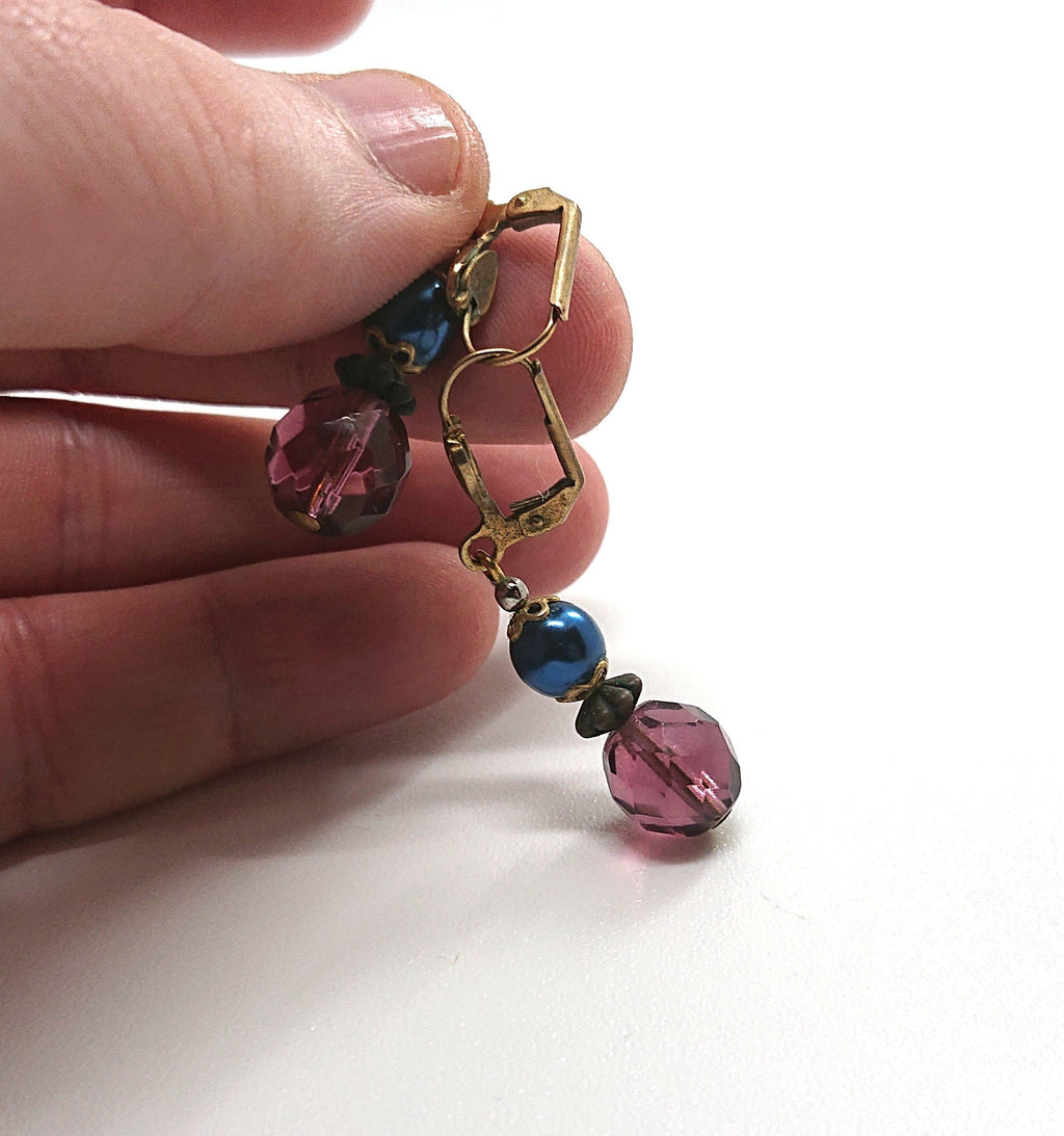Vintage Beaded Earrings Purple and Blue Beads Latch Back on Earrings Retro Costume Jewellery Jewelry Mid Century