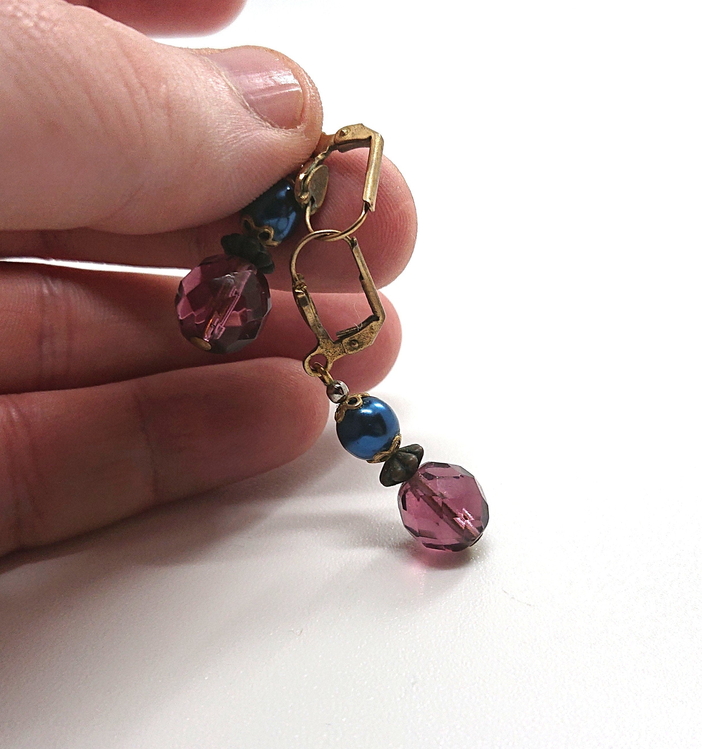 Vintage Beaded Earrings Purple and Blue Beads Latch Back on Earrings Retro Costume Jewellery Jewelry Mid Century