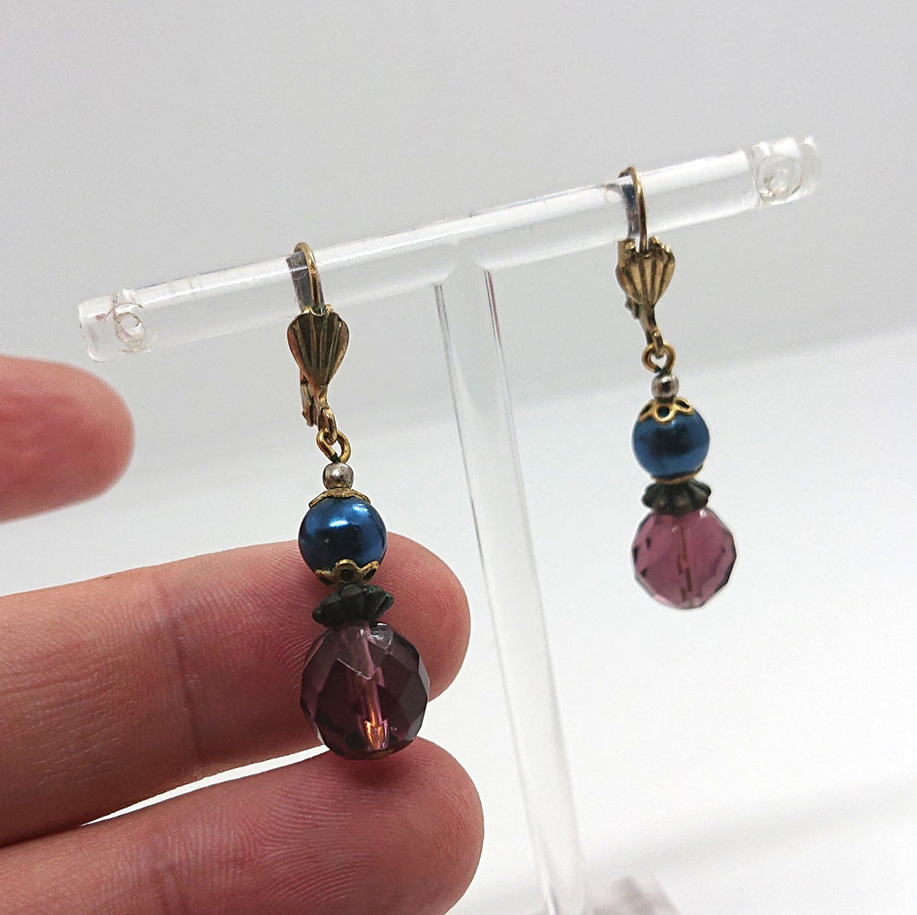 Vintage Beaded Earrings Purple and Blue Beads Latch Back on Earrings Retro Costume Jewellery Jewelry Mid Century
