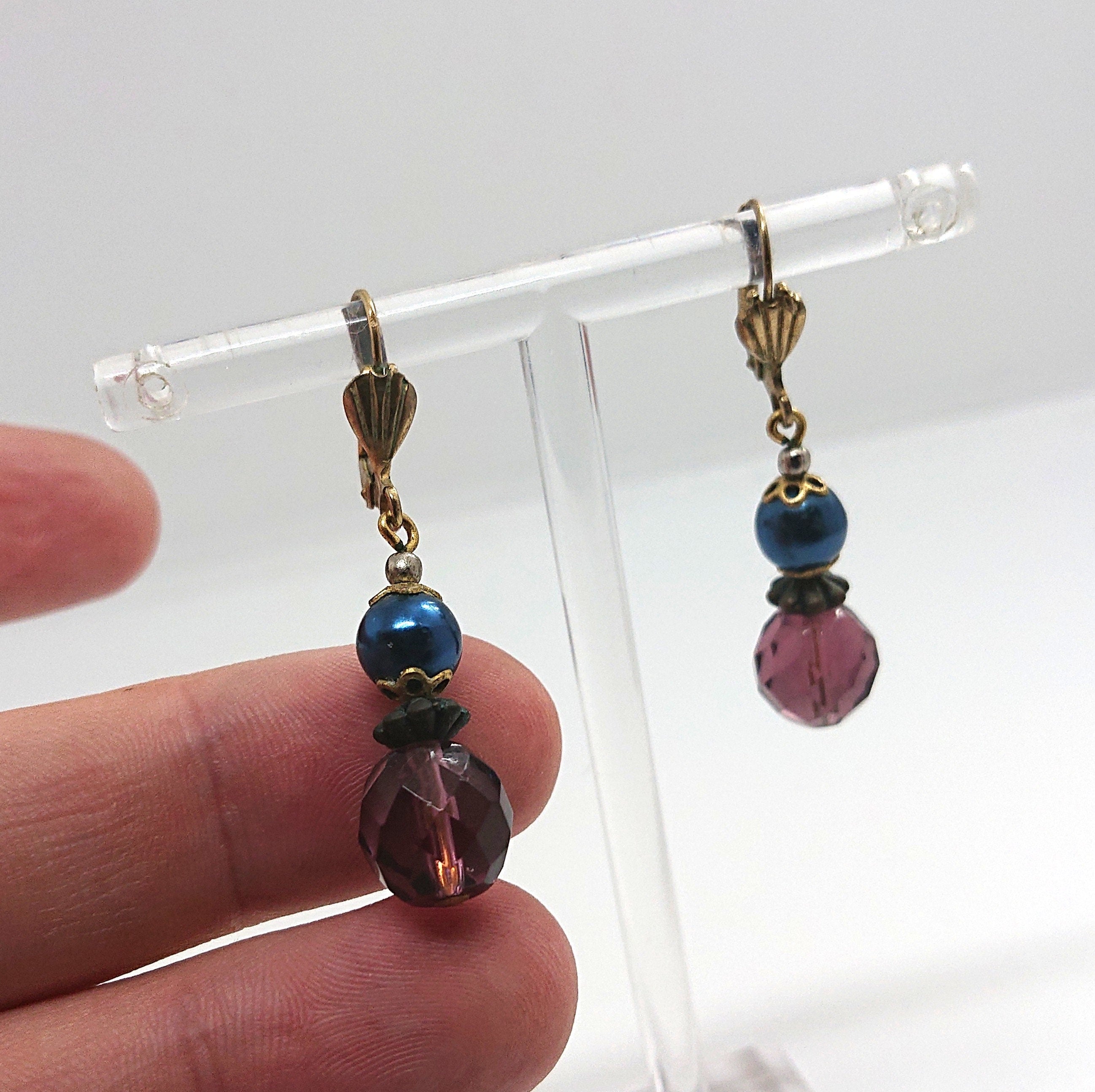 Vintage Beaded Earrings Purple and Blue Beads Latch Back on Earrings Retro Costume Jewellery Jewelry Mid Century