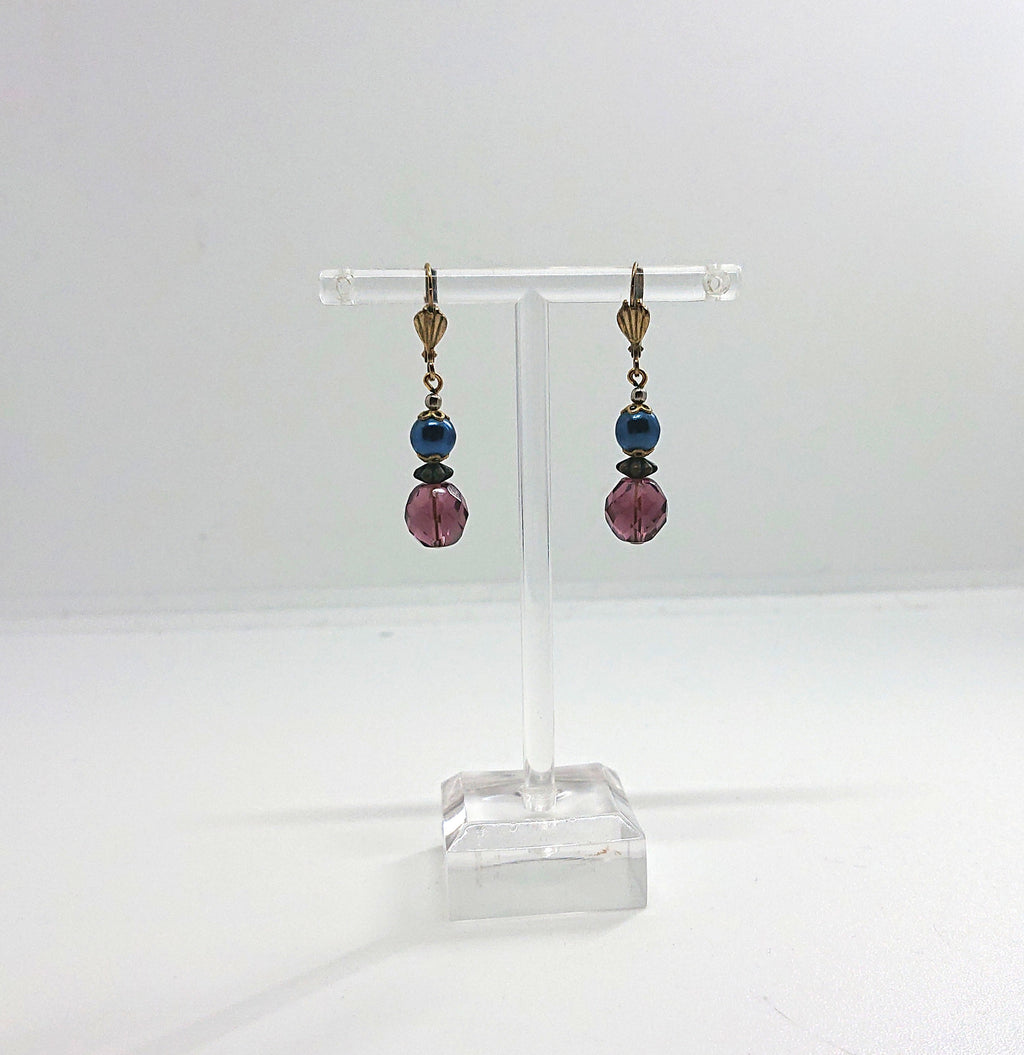 Vintage Beaded Earrings Purple and Blue Beads Latch Back on Earrings Retro Costume Jewellery Jewelry Mid Century