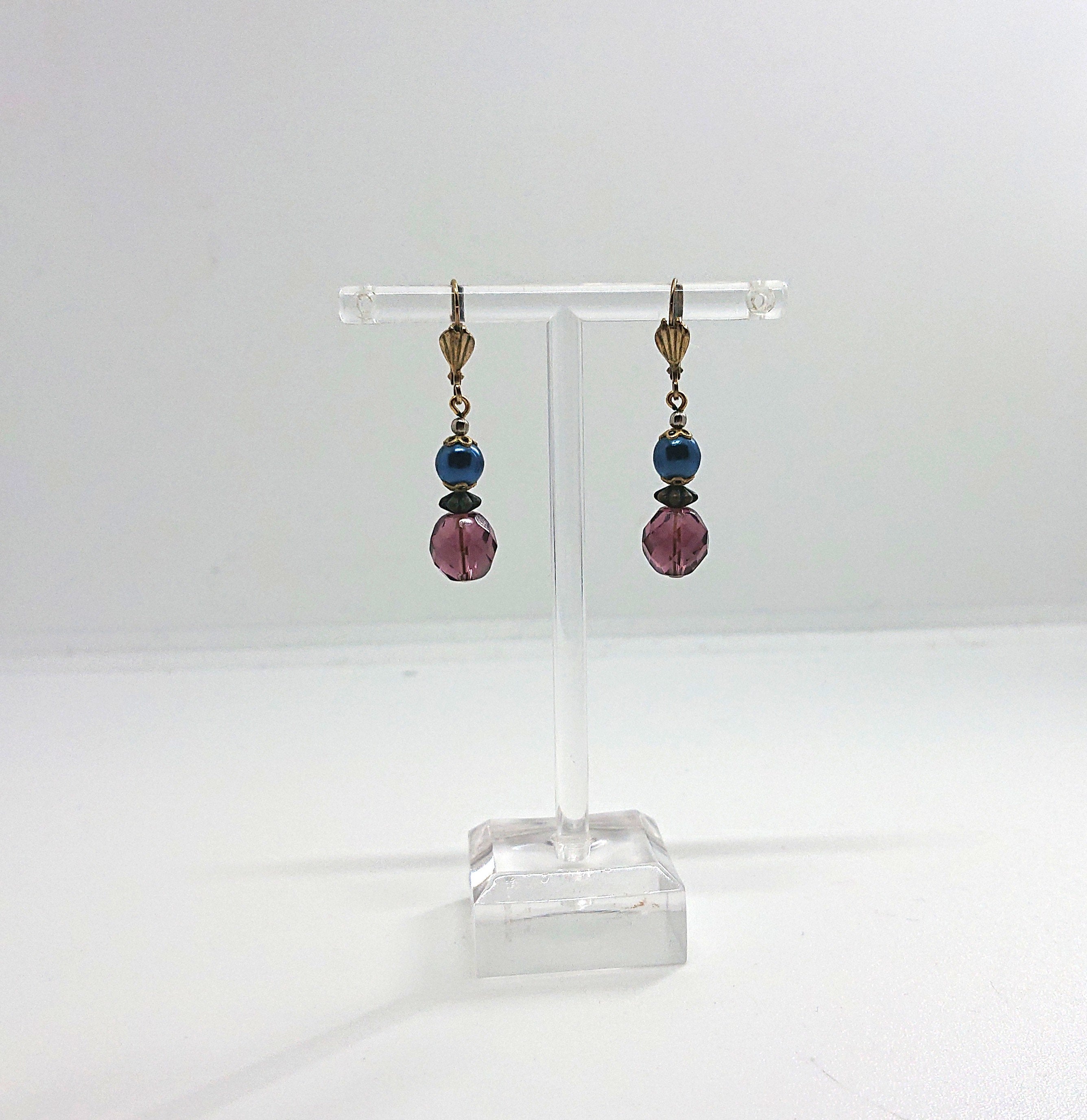 Vintage Beaded Earrings Purple and Blue Beads Latch Back on Earrings Retro Costume Jewellery Jewelry Mid Century
