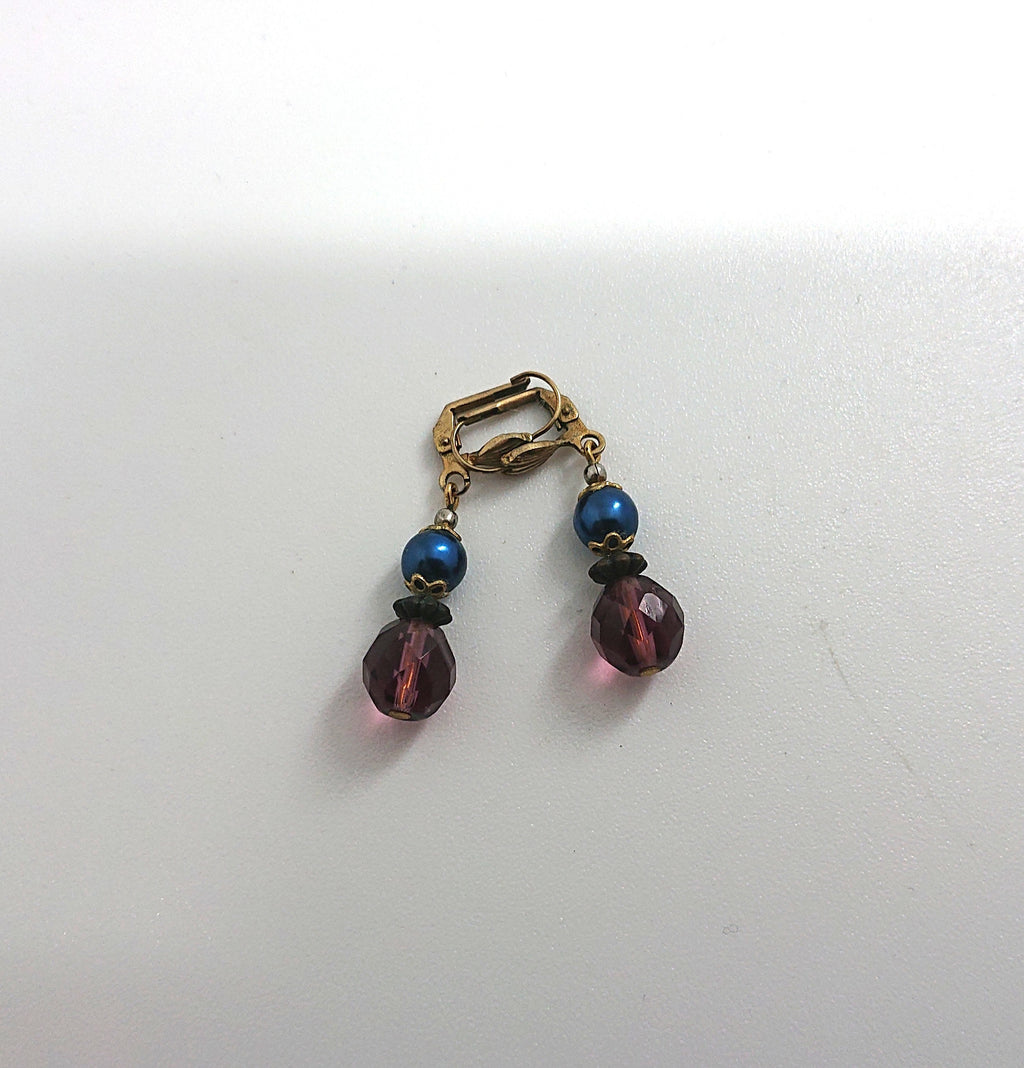 Vintage Beaded Earrings Purple and Blue Beads Latch Back on Earrings Retro Costume Jewellery Jewelry Mid Century