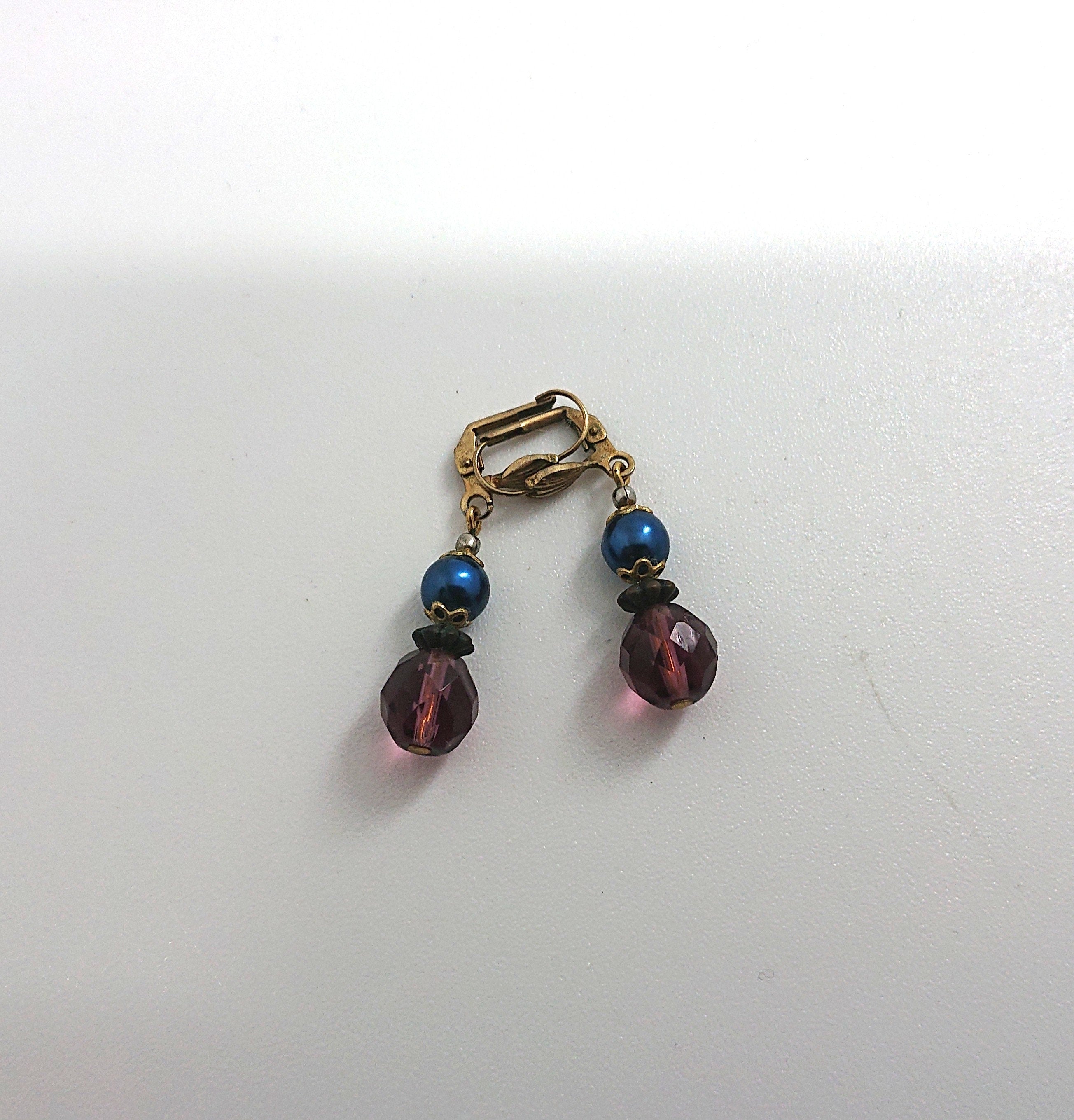 Vintage Beaded Earrings Purple and Blue Beads Latch Back on Earrings Retro Costume Jewellery Jewelry Mid Century