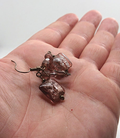Foil Glass Earrings Vintage Murano Style Dangle Drop Pink and Silver Costume Jewellery Jewelry