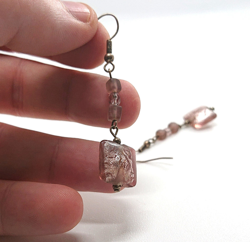 Foil Glass Earrings Vintage Murano Style Dangle Drop Pink and Silver Costume Jewellery Jewelry