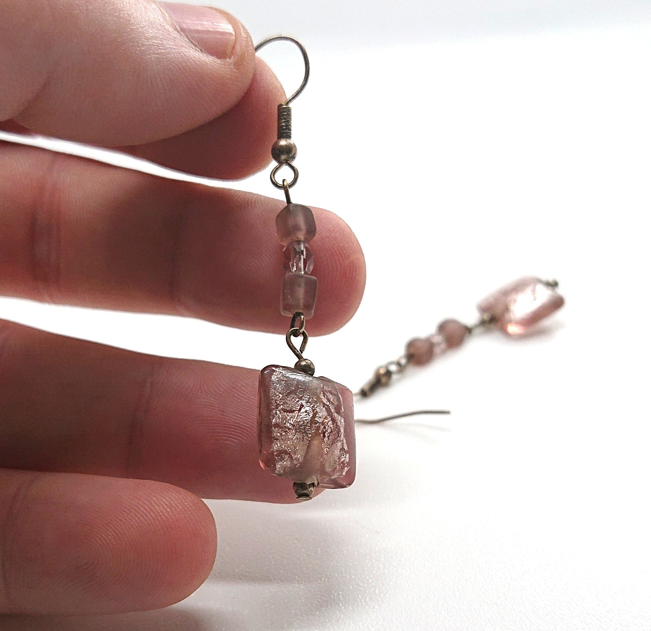 Foil Glass Earrings Vintage Murano Style Dangle Drop Pink and Silver Costume Jewellery Jewelry