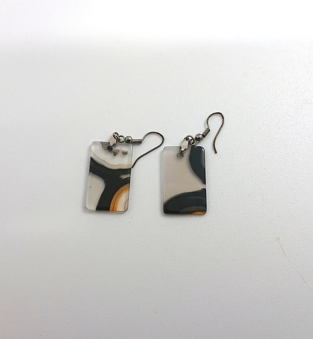 Vintage Square Earrings Dangle Drop Retro Glass Marbled Effect Costume Jewellery Jewelry
