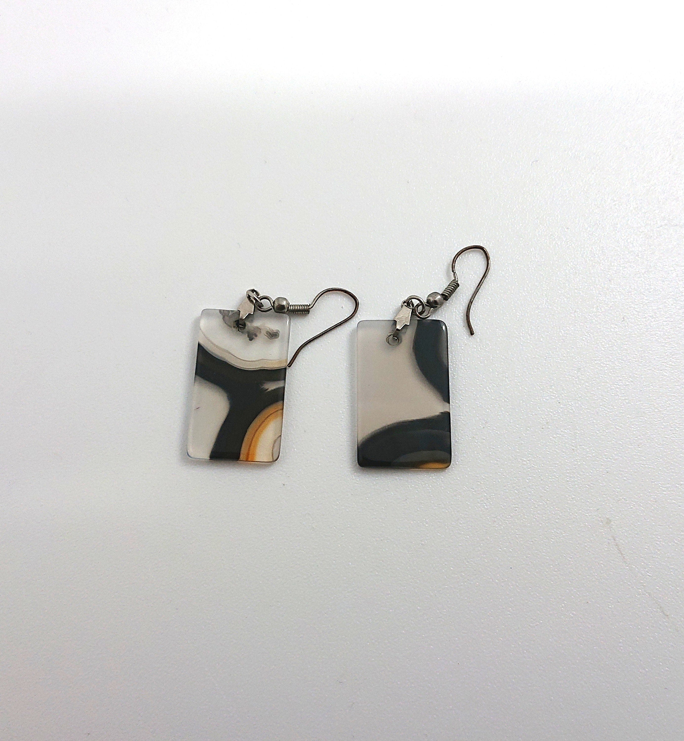 Vintage Square Earrings Dangle Drop Retro Glass Marbled Effect Costume Jewellery Jewelry