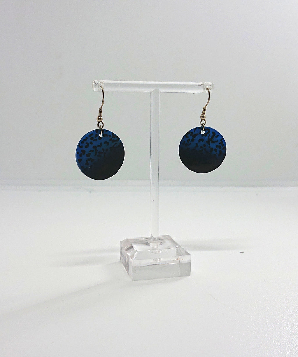 Vintage Earrings Blue and Black Round Print Lucite Earrings Costume Jewellery Jewelry