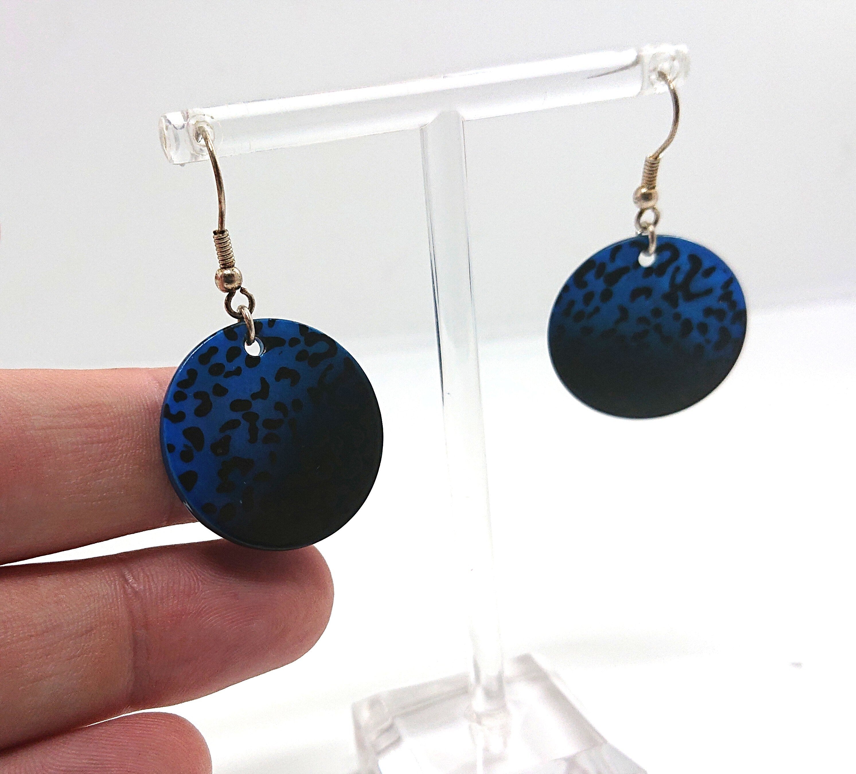 Vintage Earrings Blue and Black Round Print Lucite Earrings Costume Jewellery Jewelry