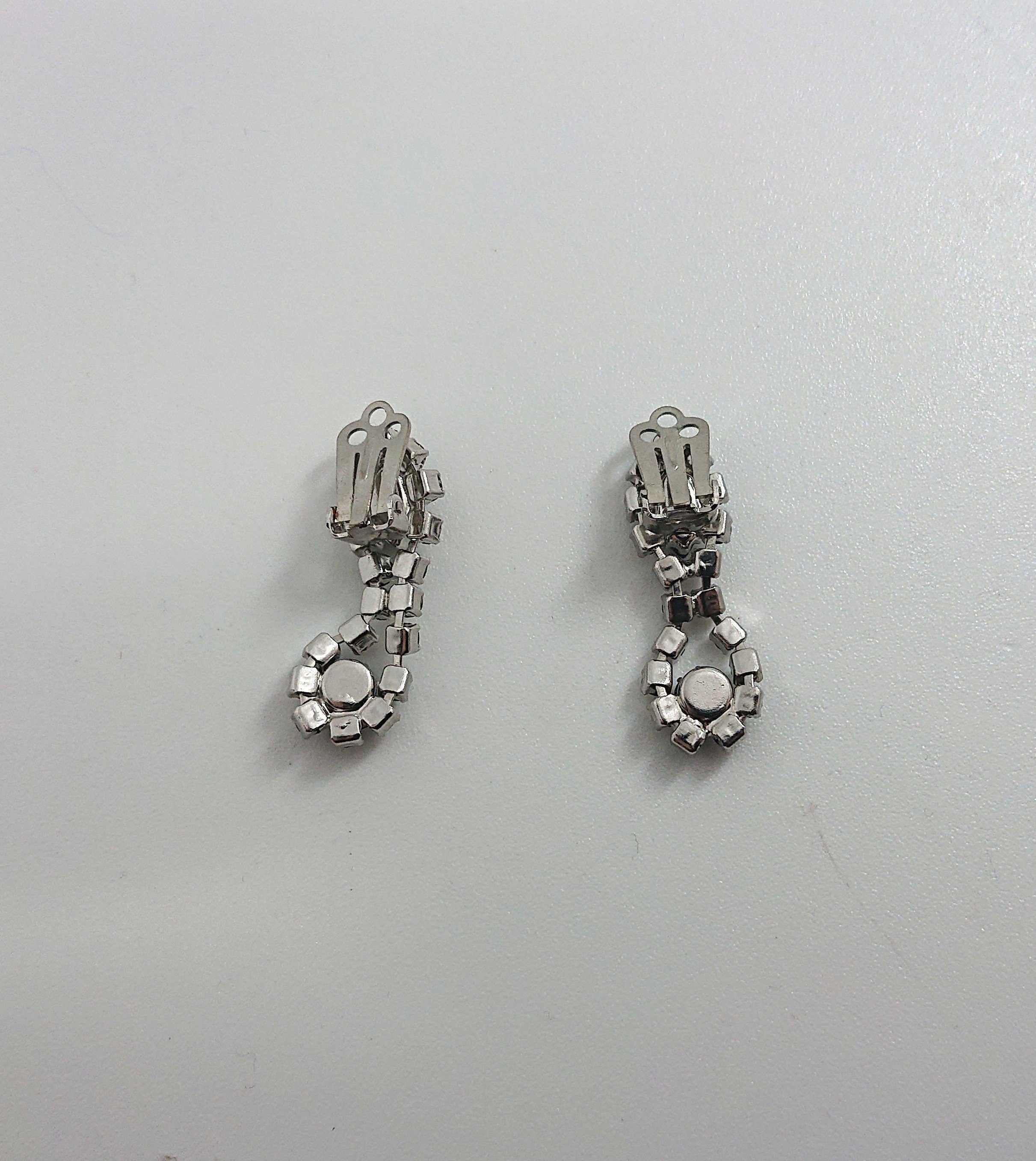 Vintage Sapphire Rhinestone Drop Earrings, Gold Tone Costume Jewelry