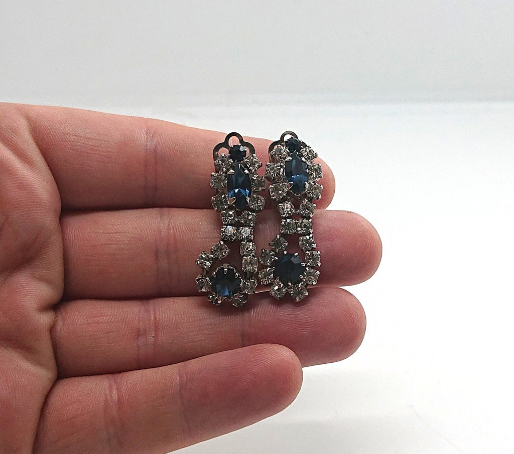 Vintage Sapphire Rhinestone Drop Earrings, Gold Tone Costume Jewelry