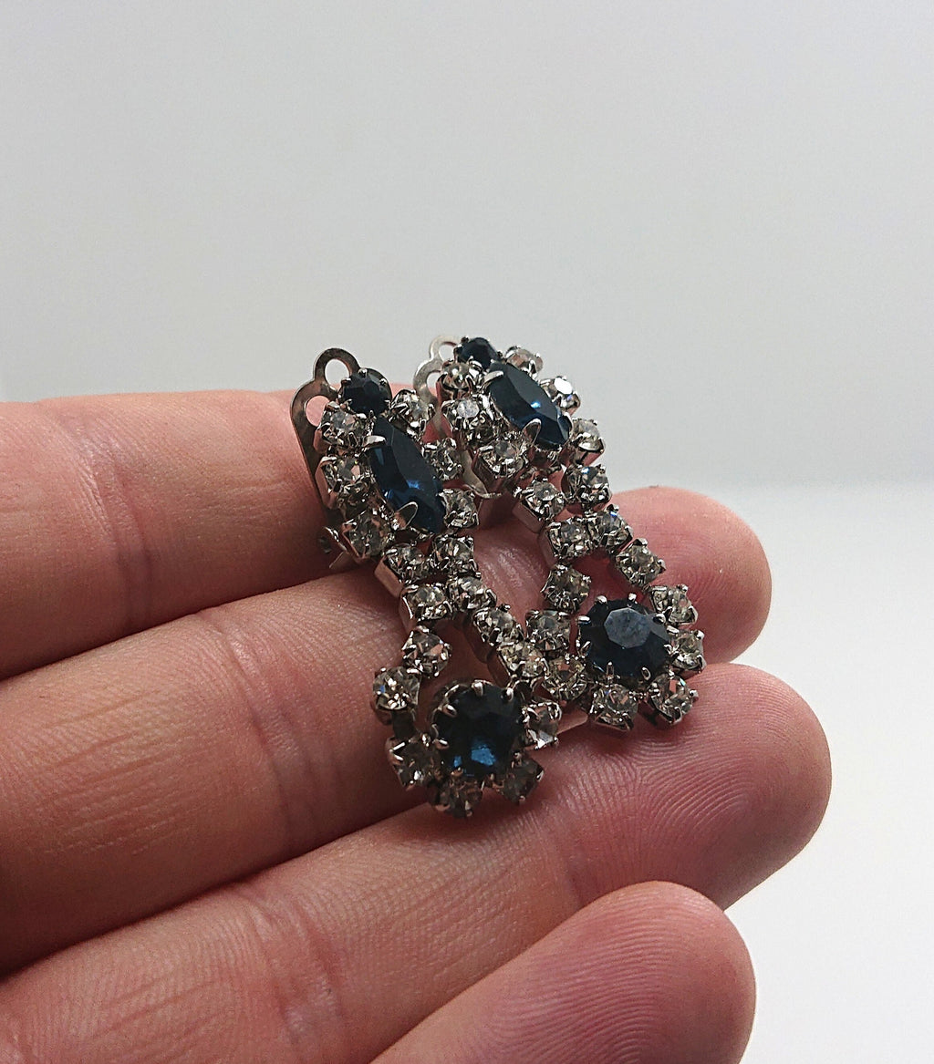 Vintage Sapphire Rhinestone Drop Earrings, Gold Tone Costume Jewelry